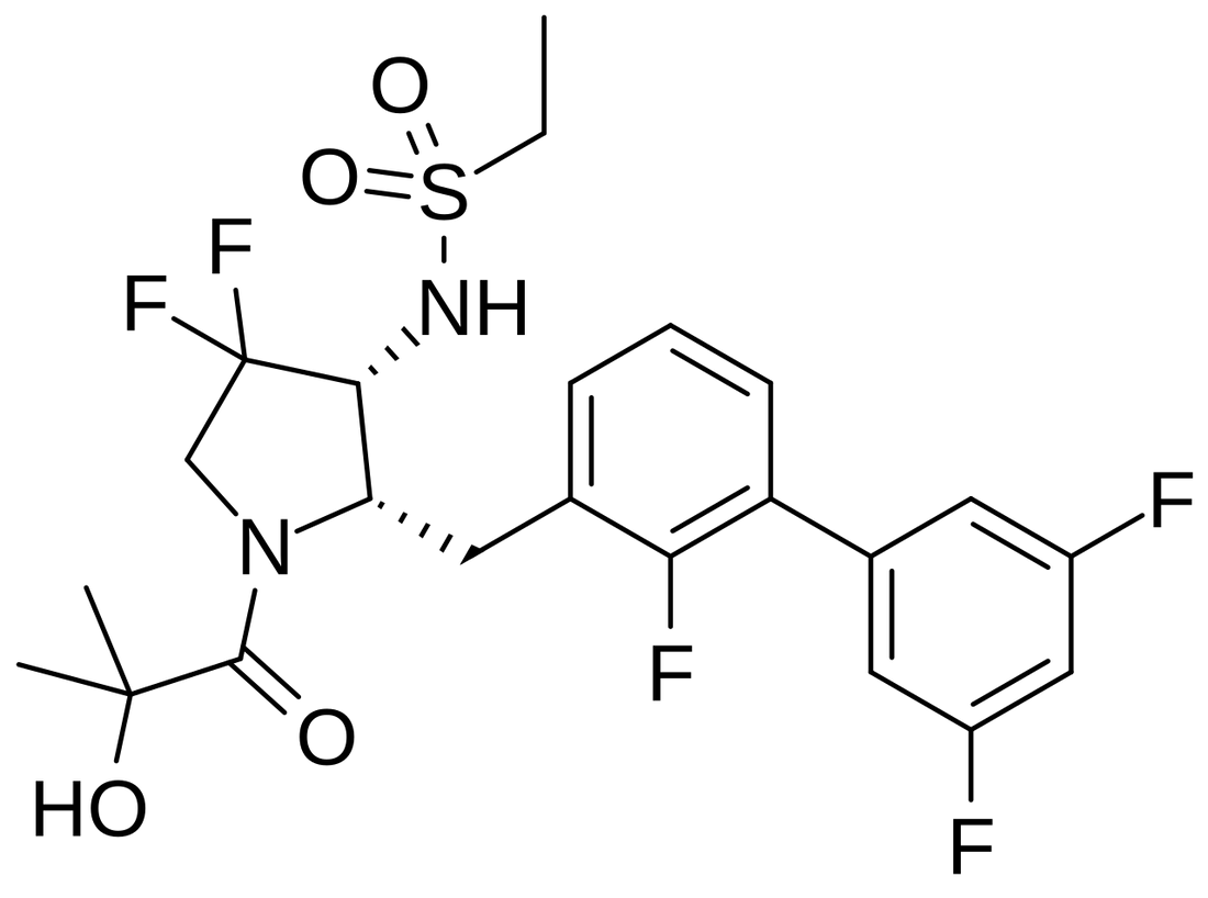 Chemical structure of oveporexton, an oral orexin receptor 2-selective agonist studied in the First Light and Radiant Light phase 3 narcolepsy type 1 trials.