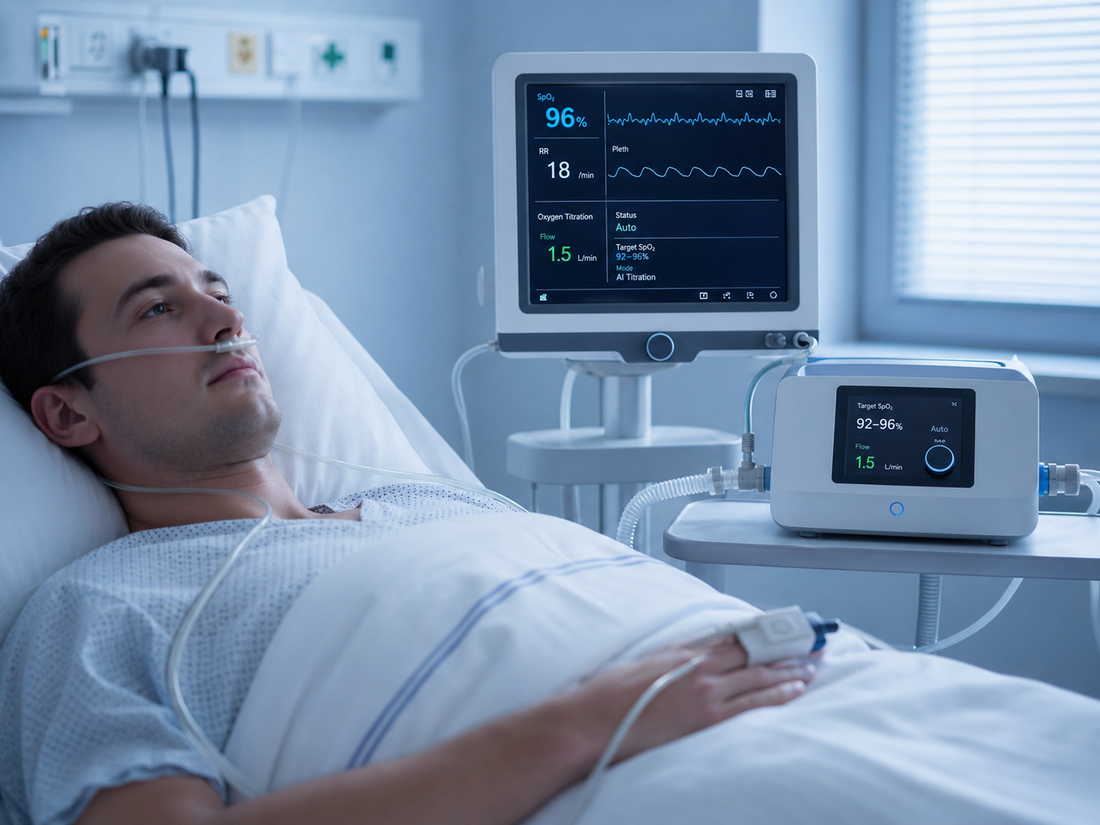 Hospital patient receiving supplemental oxygen via nasal cannula with pulse oximeter monitoring and automated oxygen titration device — illustrating the SAVE-O₂ AI randomized clinical trial on autonomous oxygen management in acutely ill adults.