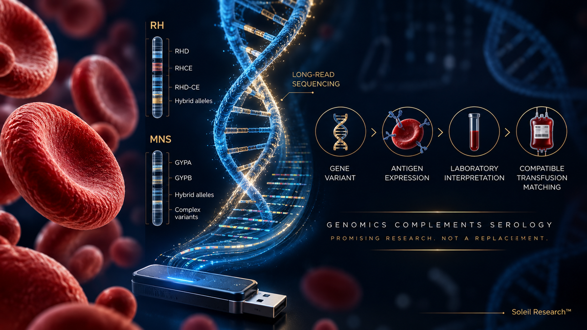 Conceptual illustration of red blood cells, RH and MNS genes, long-read sequencing, antigen expression, laboratory interpretation, and transfusion matching.