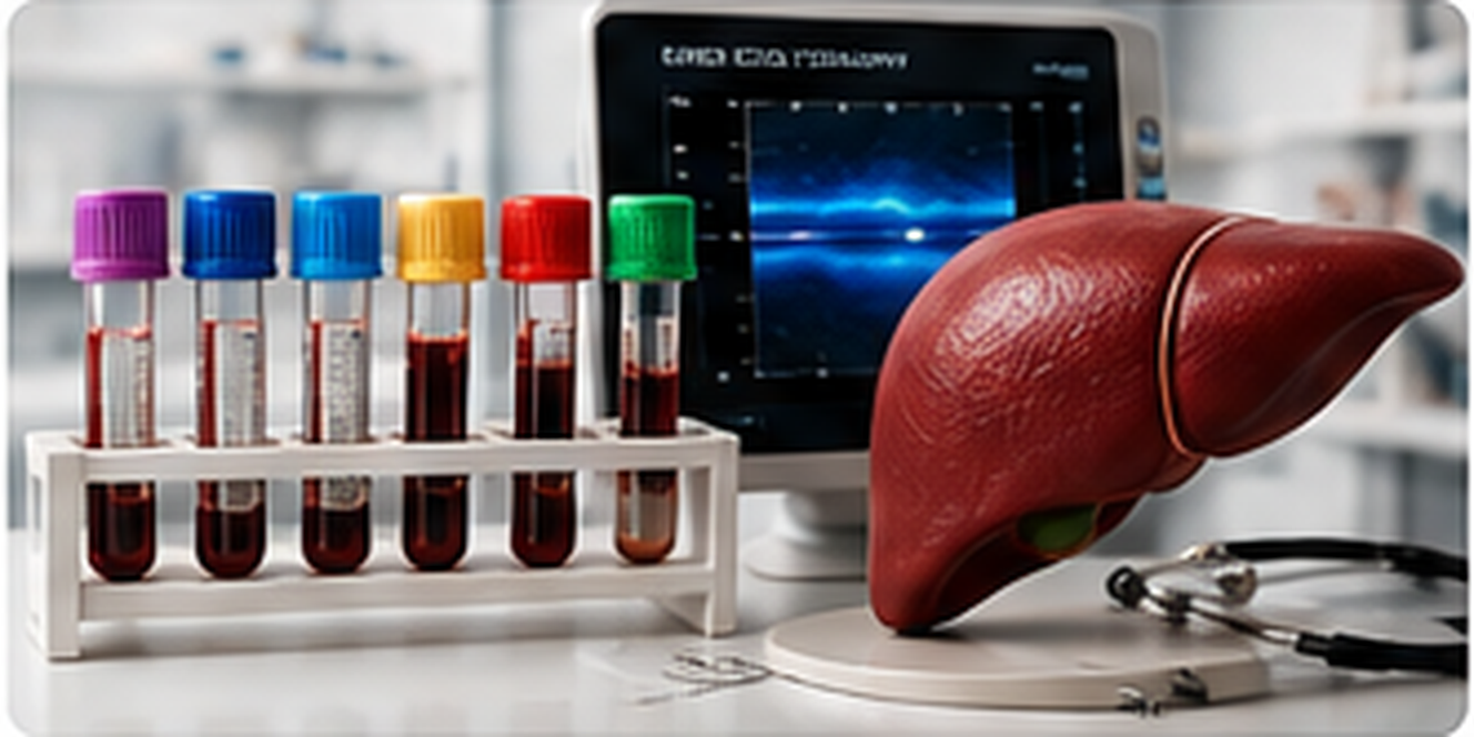 Scientific illustration for Soleil Research review of MASLD biomarkers, liver biopsy alternatives, blood testing, and imaging.