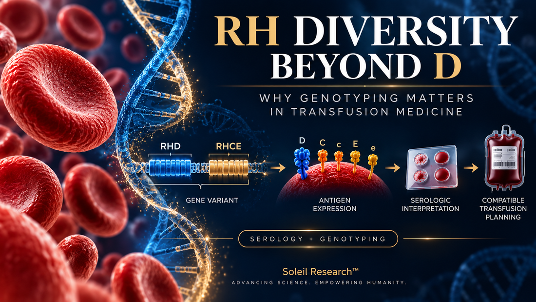 Soleil Research illustration showing red blood cells, RHD and RHCE genes, Rh antigen expression, serologic interpretation, genotyping, and compatible transfusion planning.
