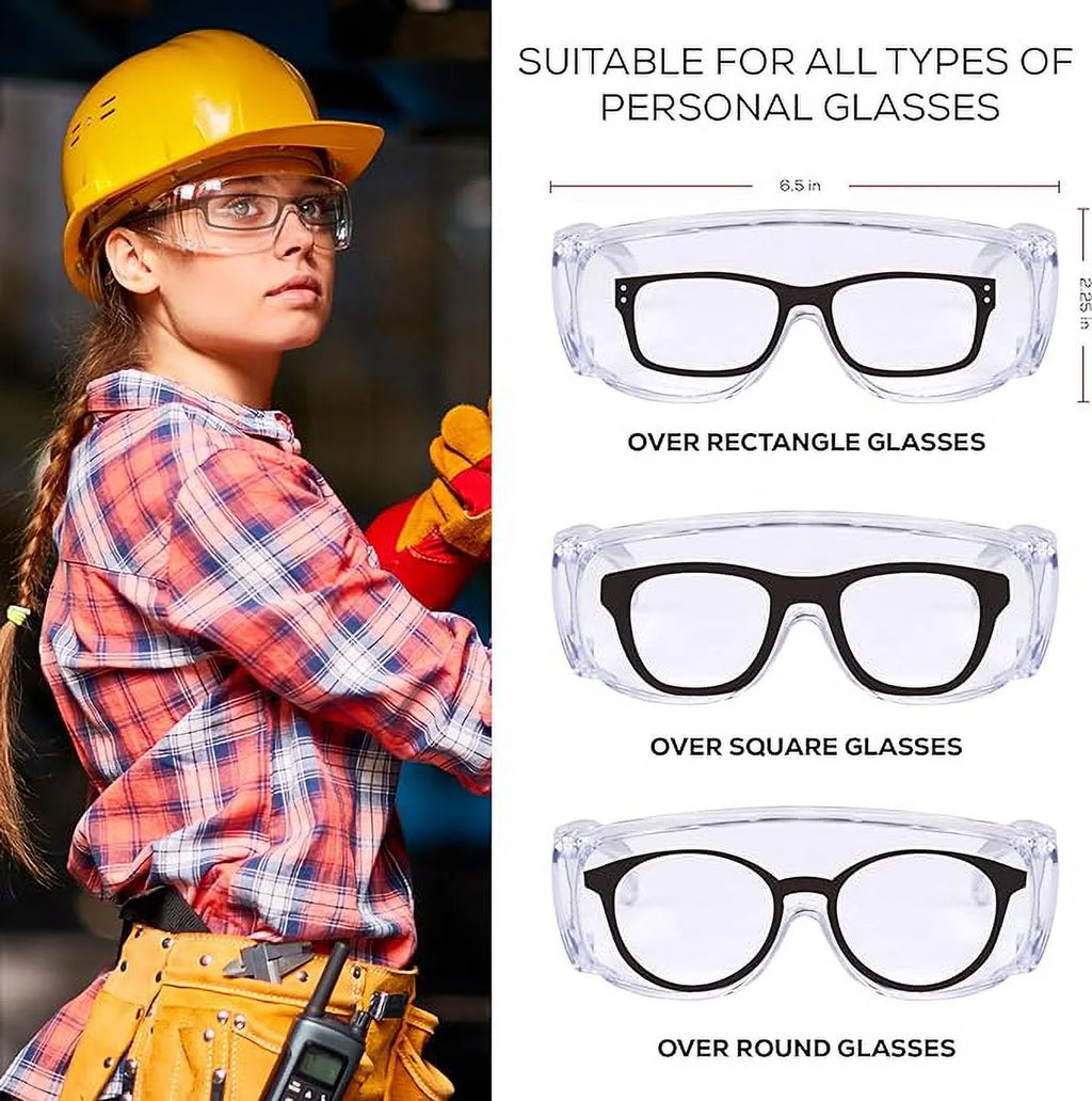 SAFE HANDLER Diamont Vented Clear Safety Glasses over Eyeglasses, 1 Pair, ANSI Z87.1, Impact Resistant Polycarbonate Lens, 99% UV Protection Goggles