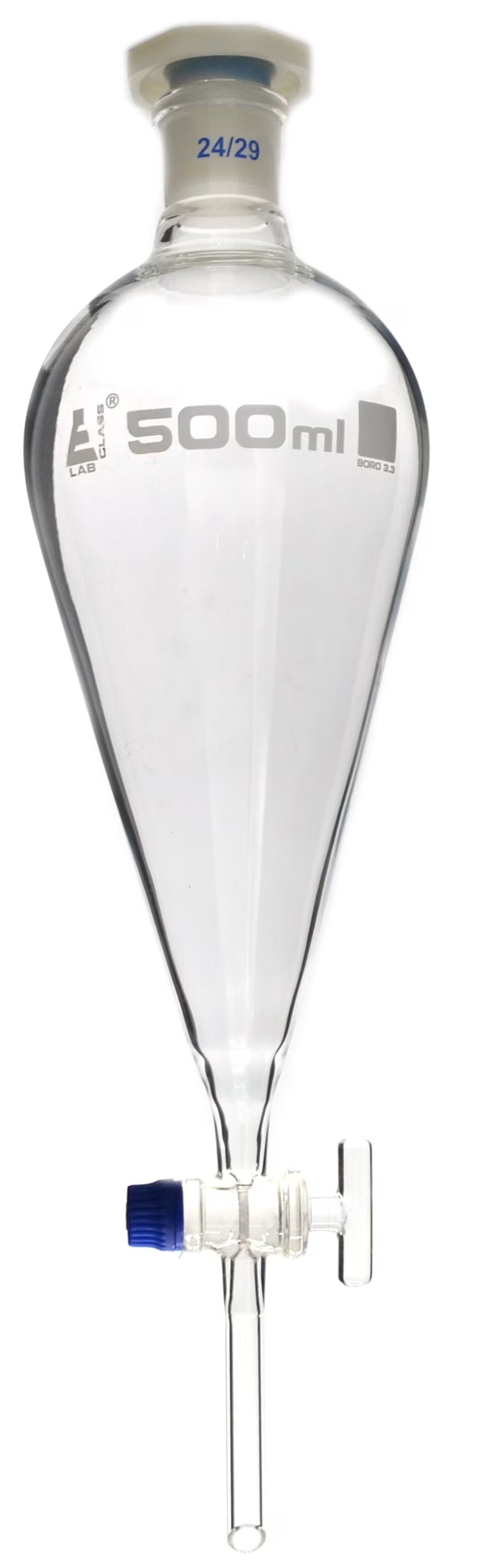 500 Ml Separating Funnel, Borosilicate Glass W/ Glass Stopcock and Interchangeable Plastic Stopper (24/29) -