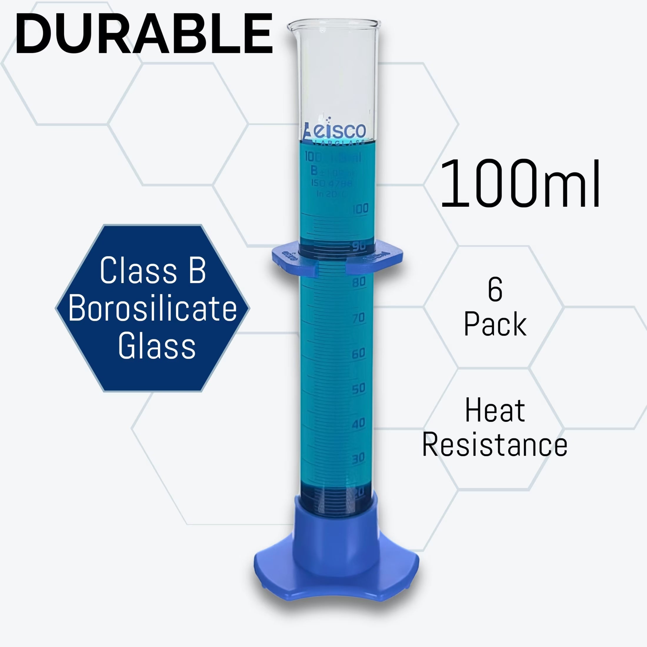 - 100Ml Borosilicate Glass Graduated Cylinder with Spout, Detachable Hexagonal Base & Protection Collar – Class B, 1Ml Increments, Heat Resistant for Science Labs & Classrooms, 6 Pack