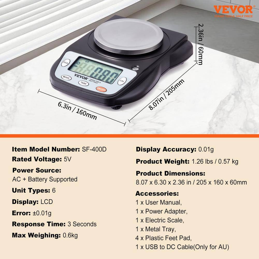Analytical Balance, 600G X 0.01G Accuracy High Precision LCD Food Scale, 6 Units Conversion Electronic Scientific Scale
