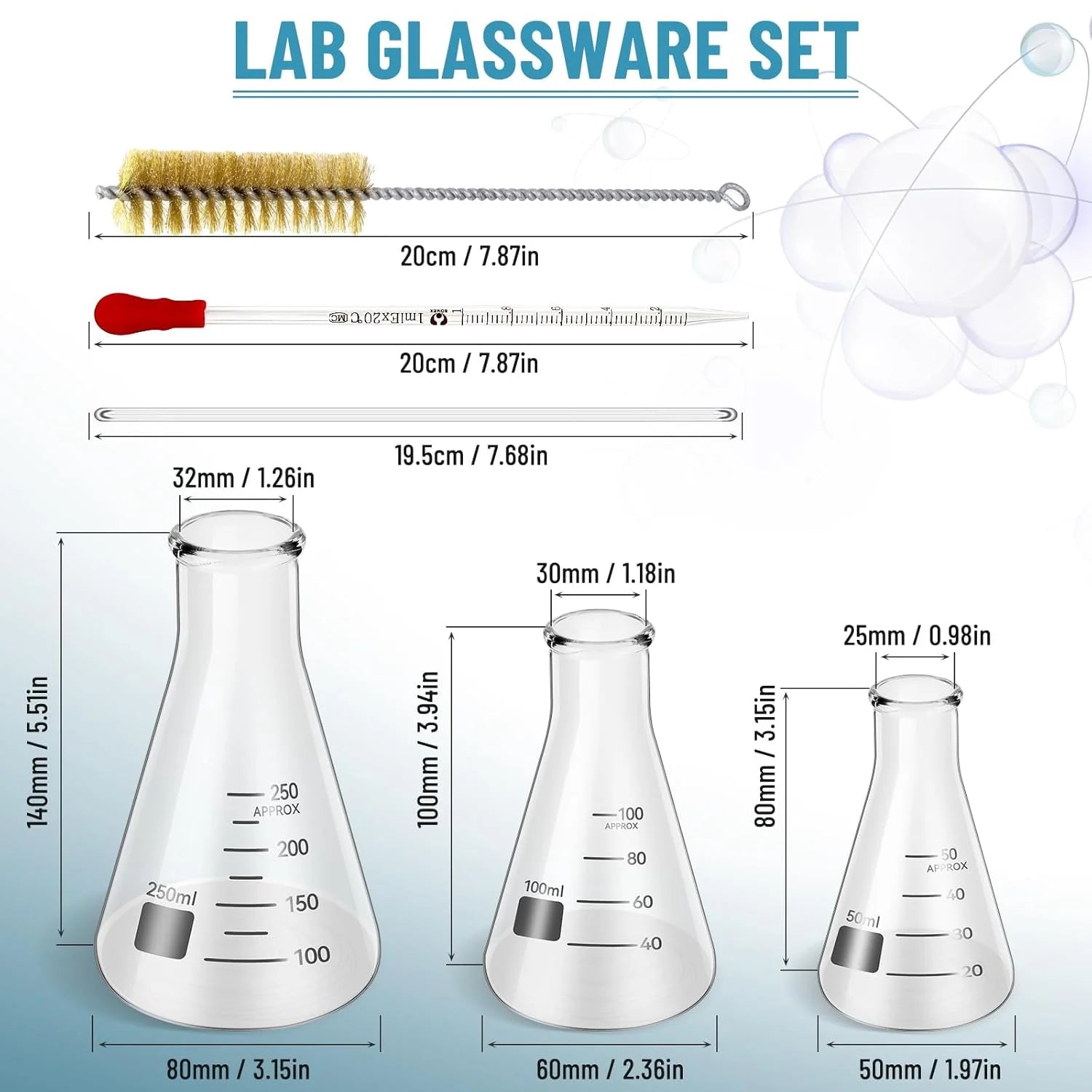 11Pcs Lab Glassware Set, Includes 3Pcs Erlenmeyer Flask 50/100/250Ml, 3Pcs Graduated Cylinder 10/50/100Ml, 2Pcs Glass Dropper, 2Pcs Glass Stirring Rod with Cleaning Brush