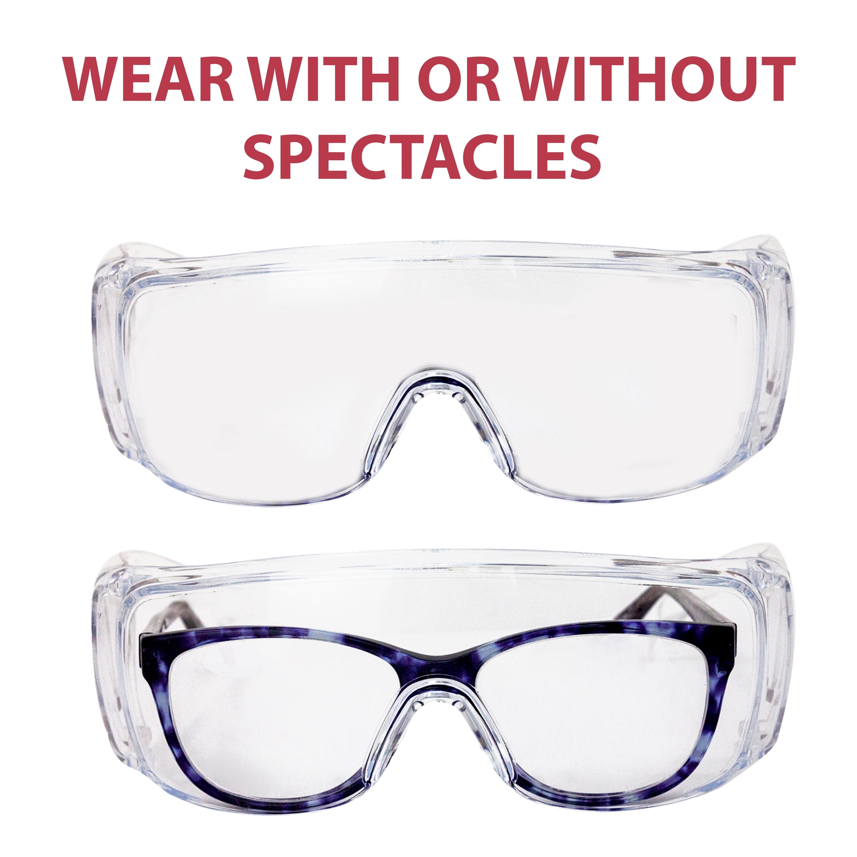 SAFE HANDLER Diamont Vented Clear Safety Glasses over Eyeglasses, 1 Pair, ANSI Z87.1, Impact Resistant Polycarbonate Lens, 99% UV Protection Goggles