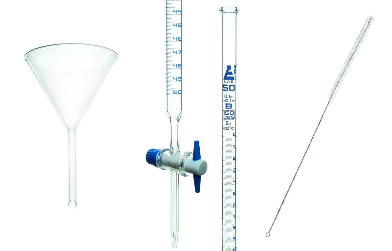 3Pc Lab Burette Starter Set - Includes 50Ml Glass Burette with PTFE Stopcock, Plastic Funnel, & Burette Brush -