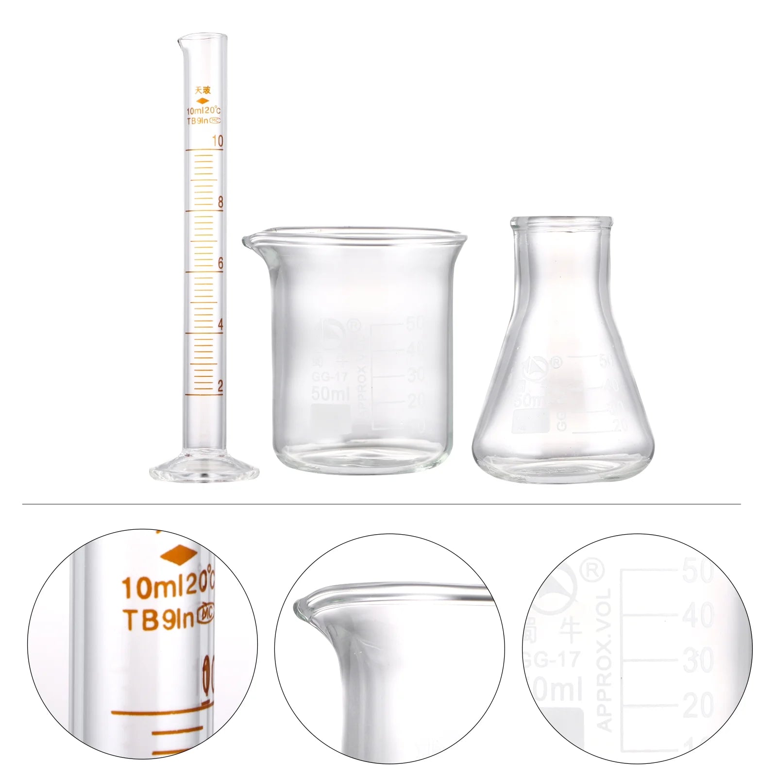 Essential Set of 3 Glass Measuring Tools: Beakers, Conical Flasks, and Graduated Cylinder for Every Science Enthusiast