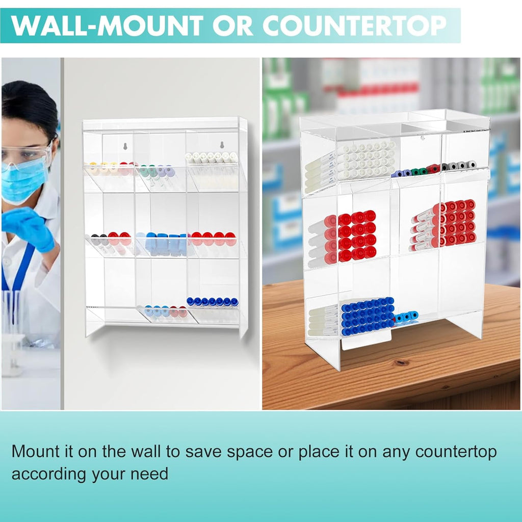 Acrylic Tube Rack with 9 Compartments & 3 Pull-Out Trays – Wall-Mount or Countertop for Laboratory, Office, Cosmetics (16 X 11.5 X 5.5 Inches)