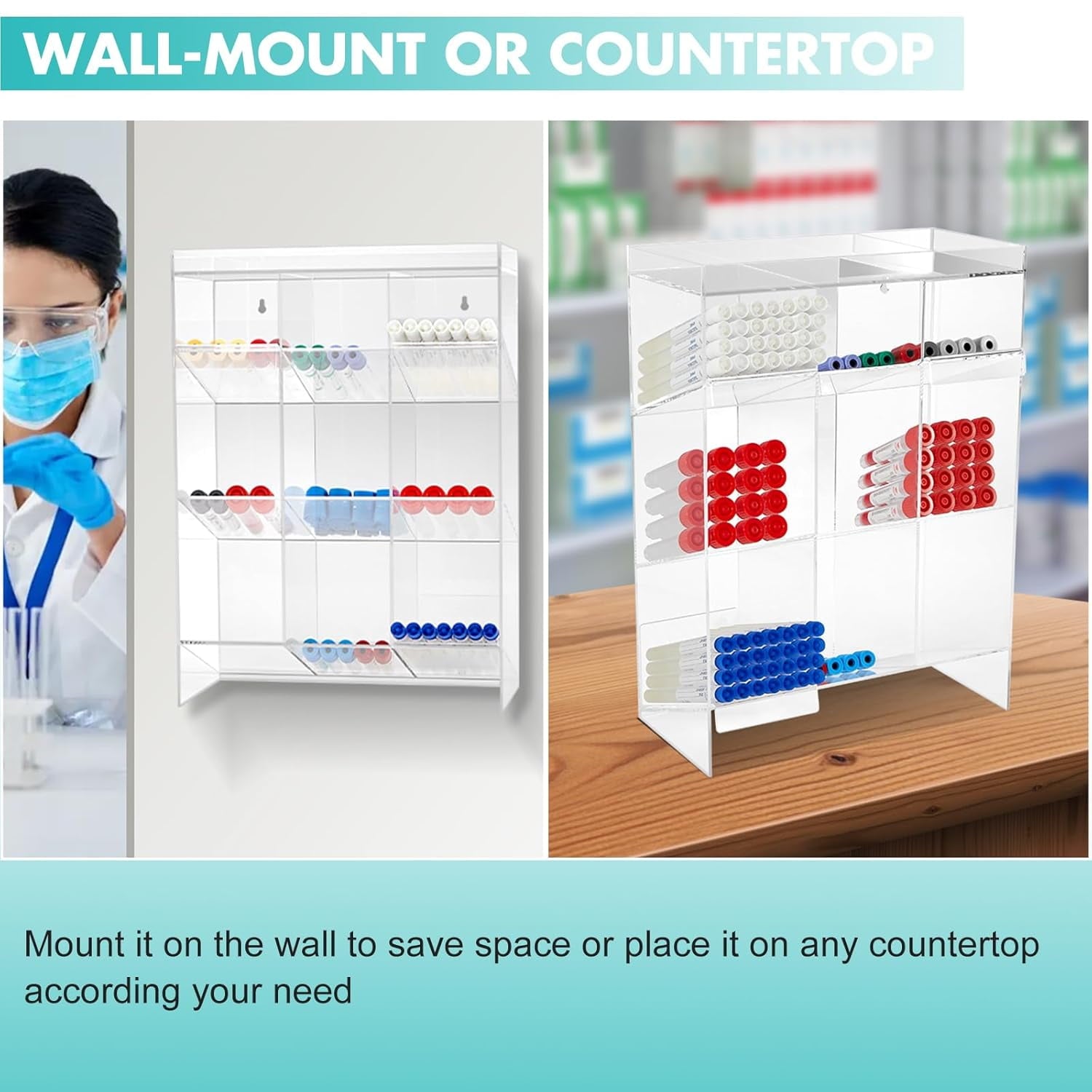 Acrylic Tube Rack with 9 Compartments & 3 Pull-Out Trays – Wall-Mount or Countertop for Laboratory, Office, Cosmetics (16 X 11.5 X 5.5 Inches)