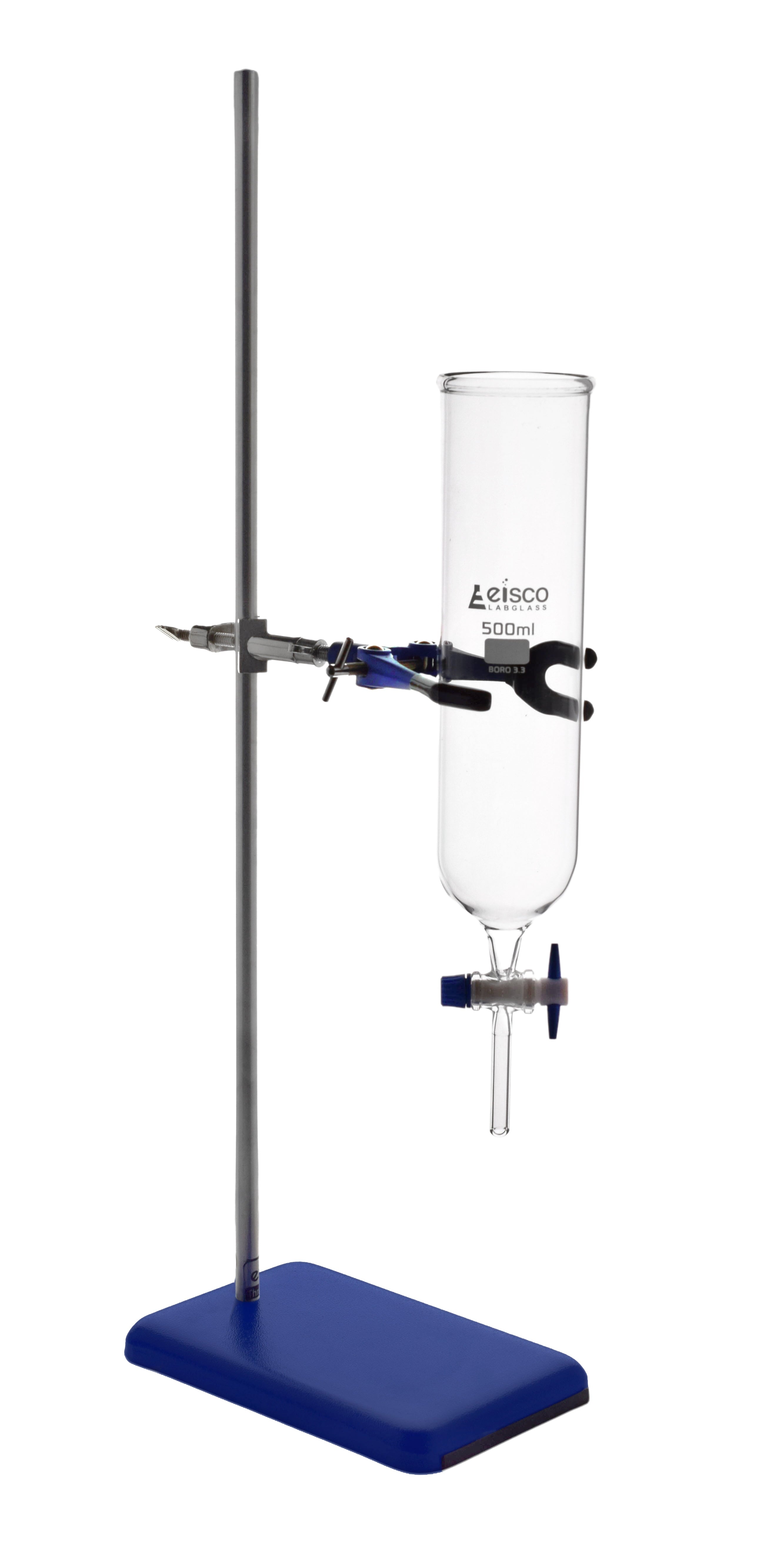 500Ml Dropping Funnel with Laboratory Support Stand - Includes Glass Dropping Funnel, 3.75 Lb Metal Retort Base & Rod, Clamp with Bosshead -