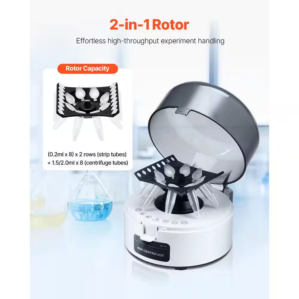 Experience Precision with the Mini Centrifuge Machine: 7000RPM, 3013xg Lab Centrifuge with Dual Rotor for 0.2ml and 1.5/2ml Tubes – Low Noise and Versatile!