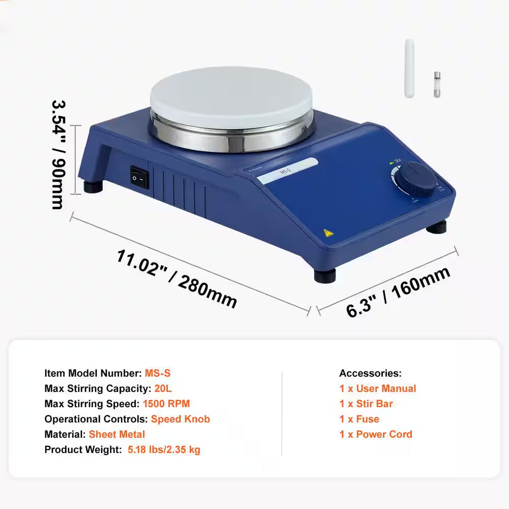 Magnetic Stirrer, 0-1500 RPM Stir Plate with Adjustable Speed Knob, 20 L Plate Stirrer Kit, Stir Bar Included
