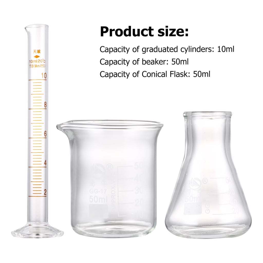 Essential Set of 3 Glass Measuring Tools: Beakers, Conical Flasks, and Graduated Cylinder for Every Science Enthusiast
