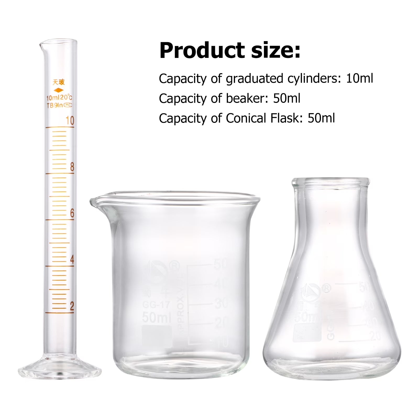 Essential Set of 3 Glass Measuring Tools: Beakers, Conical Flasks, and Graduated Cylinder for Every Science Enthusiast