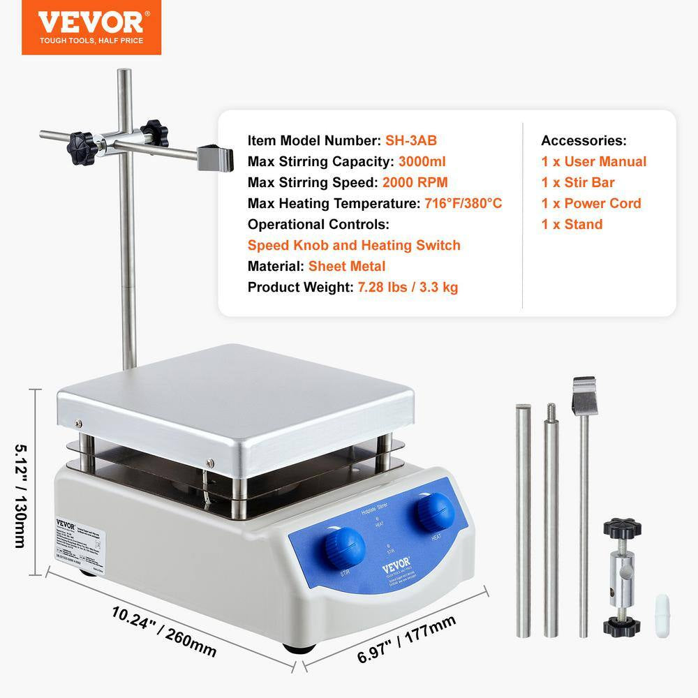 Magnetic Stirrer Hot Plate 2000 RPM with Stir Bar, 3000 Ml Lab Stirrers, Support Stand Stir Plate 500 W