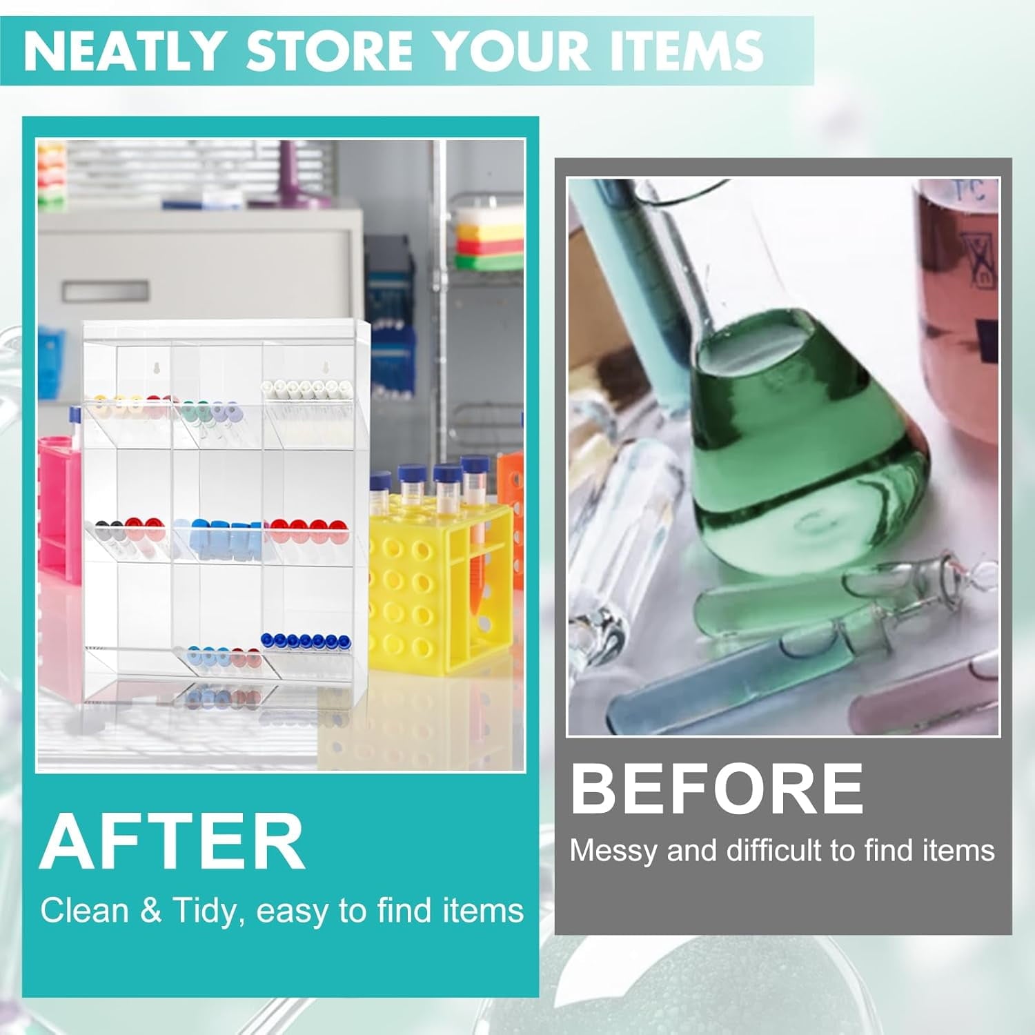 Acrylic Tube Rack with 9 Compartments & 3 Pull-Out Trays – Wall-Mount or Countertop for Laboratory, Office, Cosmetics (16 X 11.5 X 5.5 Inches)