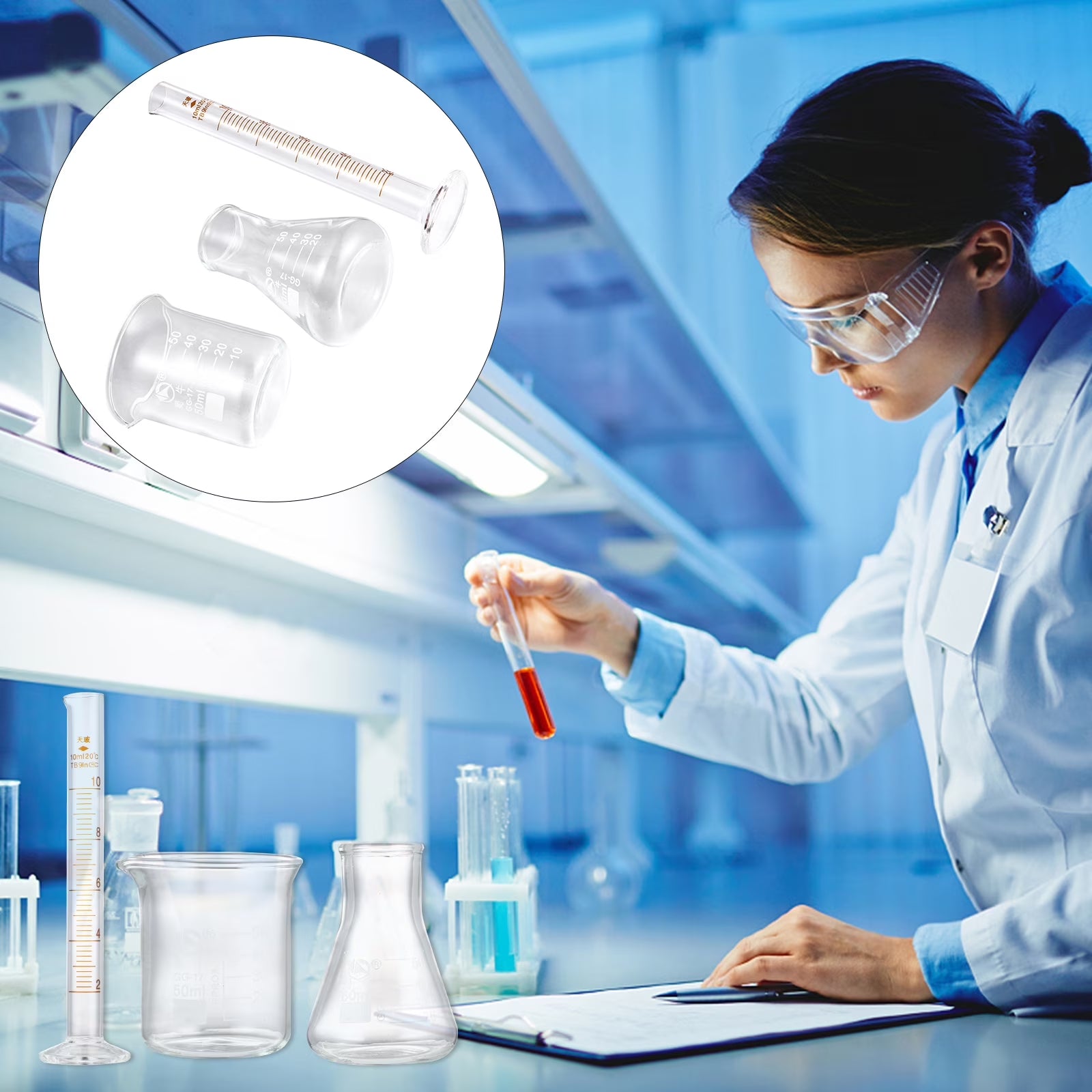 Essential Set of 3 Glass Measuring Tools: Beakers, Conical Flasks, and Graduated Cylinder for Every Science Enthusiast