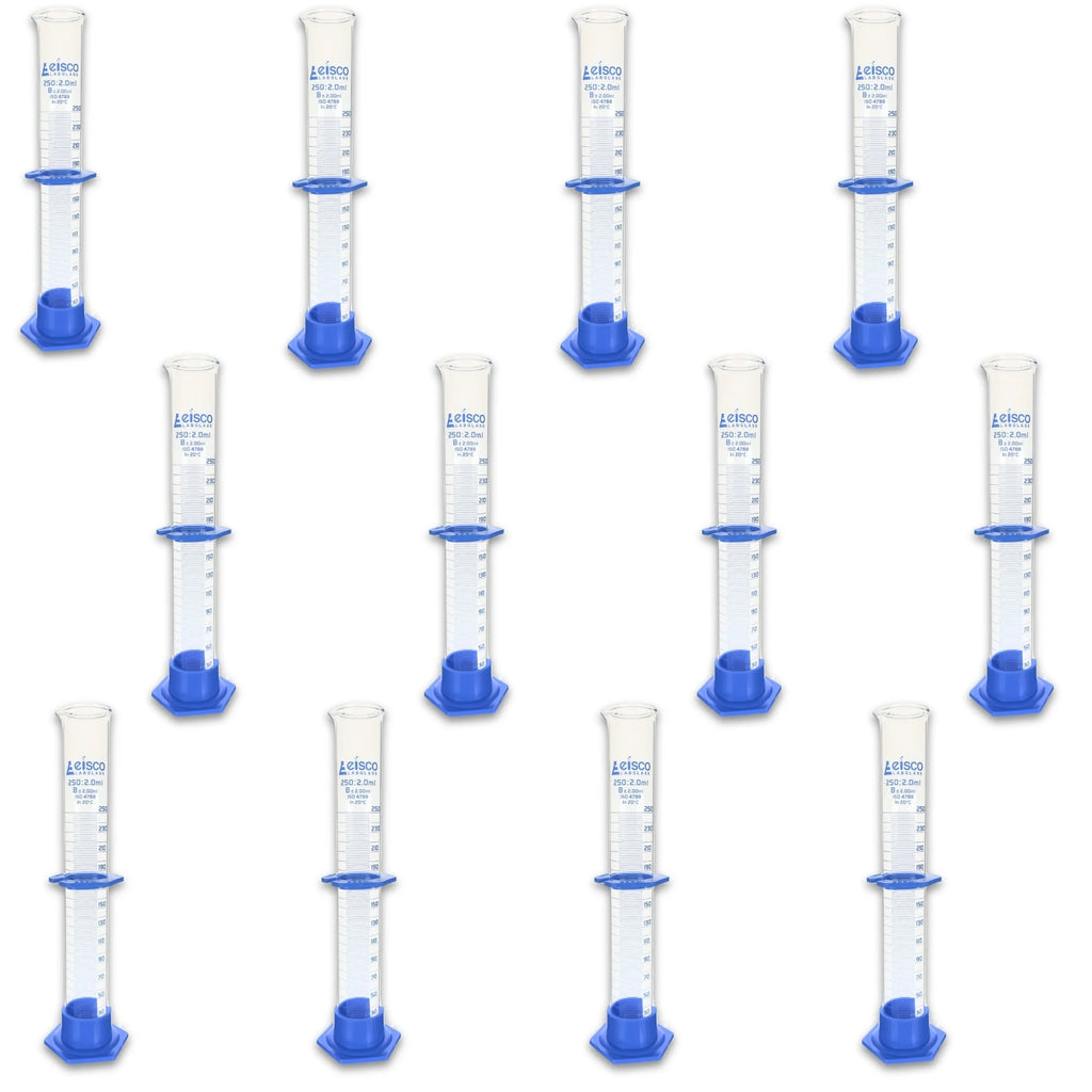 - 250Ml Borosilicate Glass Graduated Cylinder with Spout, Detachable Hexagonal Base & Protection Collar - Class B, Heat Resistant for Science Labs & Classrooms, 12 Pack