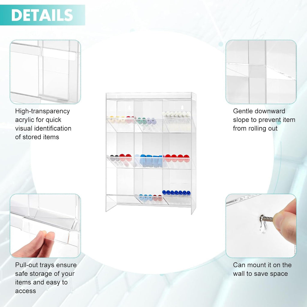 Acrylic Tube Rack with 9 Compartments & 3 Pull-Out Trays – Wall-Mount or Countertop for Laboratory, Office, Cosmetics (16 X 11.5 X 5.5 Inches)