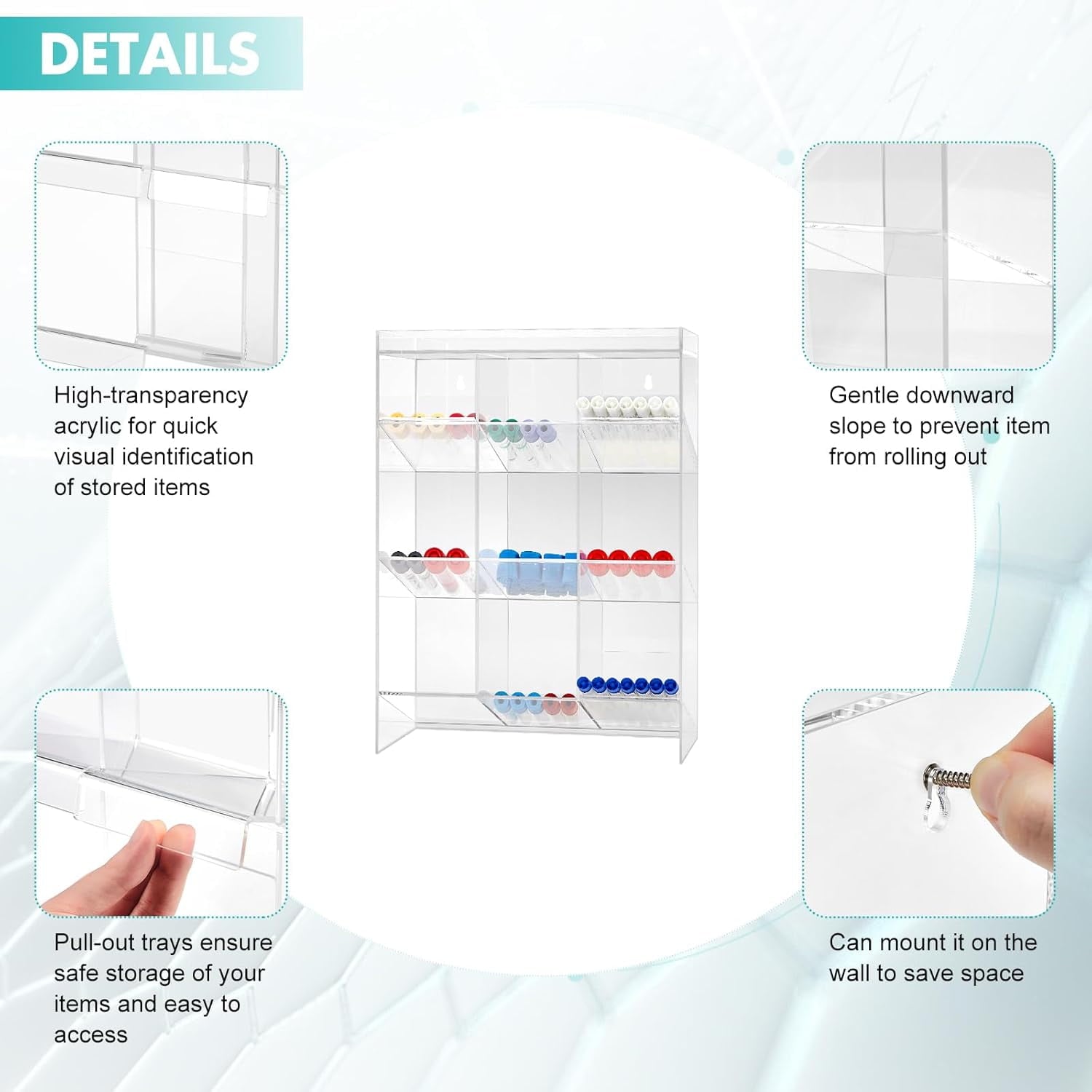 Acrylic Tube Rack with 9 Compartments & 3 Pull-Out Trays – Wall-Mount or Countertop for Laboratory, Office, Cosmetics (16 X 11.5 X 5.5 Inches)