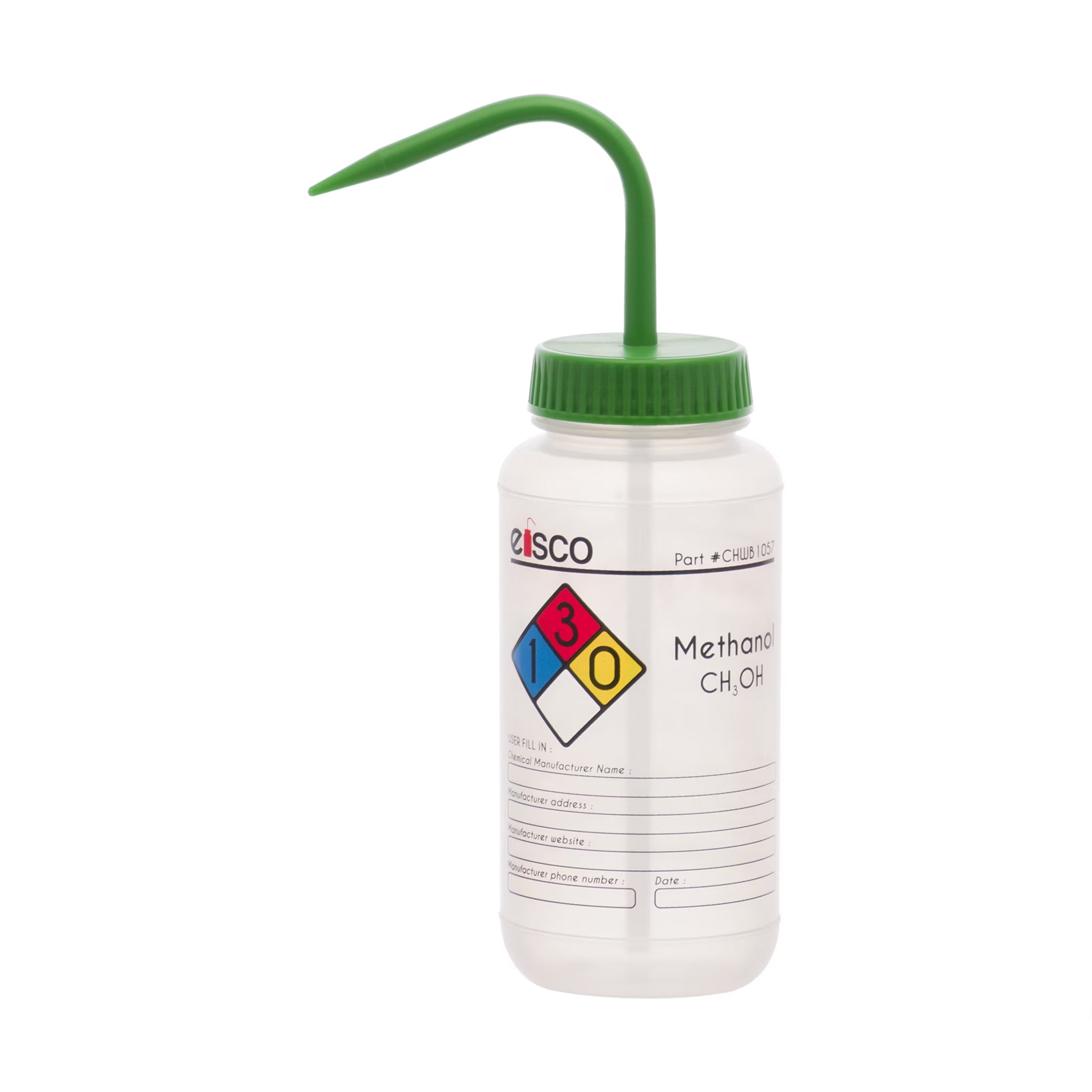 Wash Bottle for Methanol, 500Ml - Labeled with Color Coded Chemical & Safety Information (4 Colors) - Wide Mouth, Self Venting, Polypropylene - Performance Plastics by