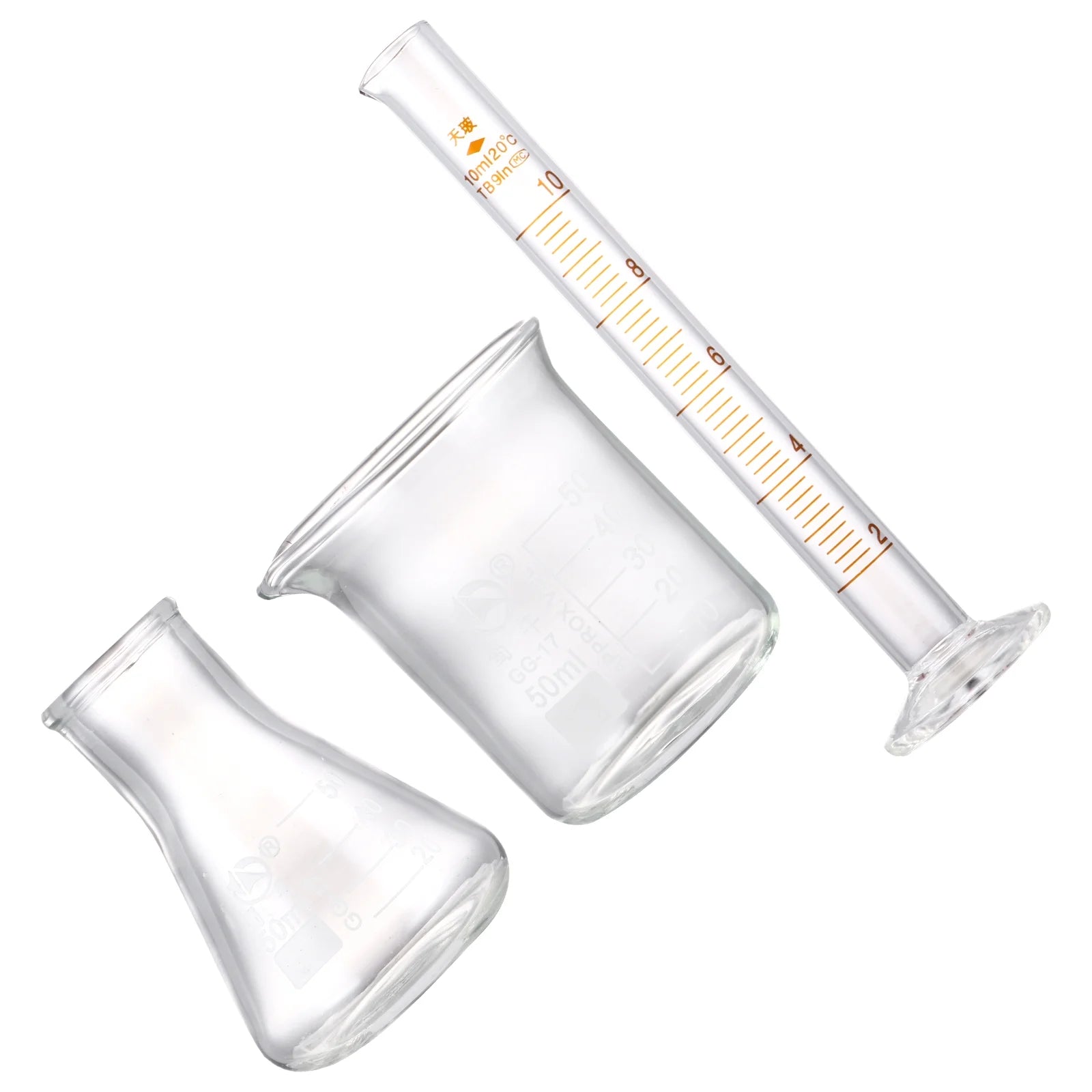 Essential Set of 3 Glass Measuring Tools: Beakers, Conical Flasks, and Graduated Cylinder for Every Science Enthusiast