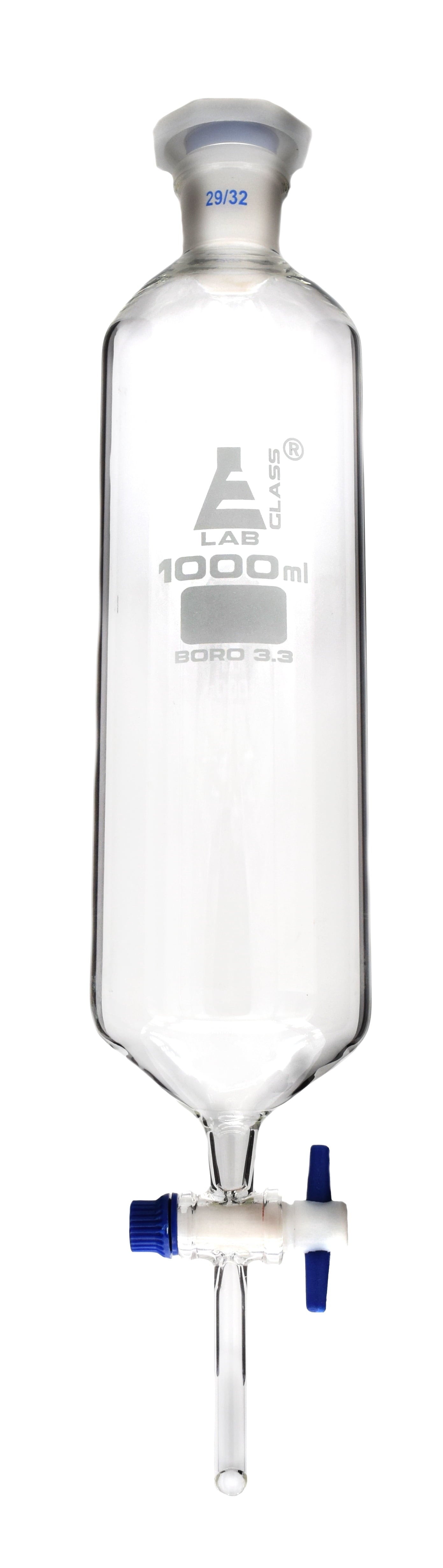 Dropping Funnel, 1000Ml, Cylindrical - Includes Interchangeable Plastic Stopper, Socket Size 23/32, with PTFE Key Stopcock - Borosilicate Glass -