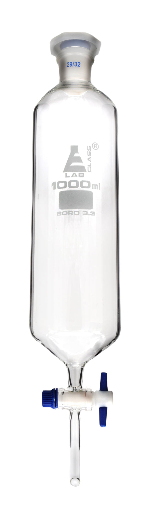 Dropping Funnel, 1000Ml, Cylindrical - Includes Interchangeable Plastic Stopper, Socket Size 23/32, with PTFE Key Stopcock - Borosilicate Glass -