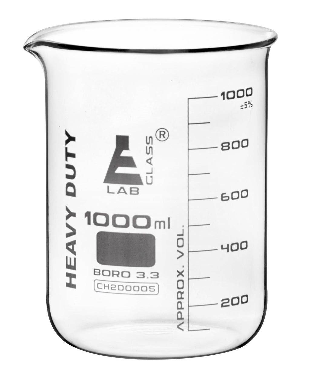 Heavy Duty Beaker, 1000Ml - 5Mm Thick, Uniform Walls - Superior Durability & Chemical Resistance - White Graduations - Borosilicate 3.3 Glass -