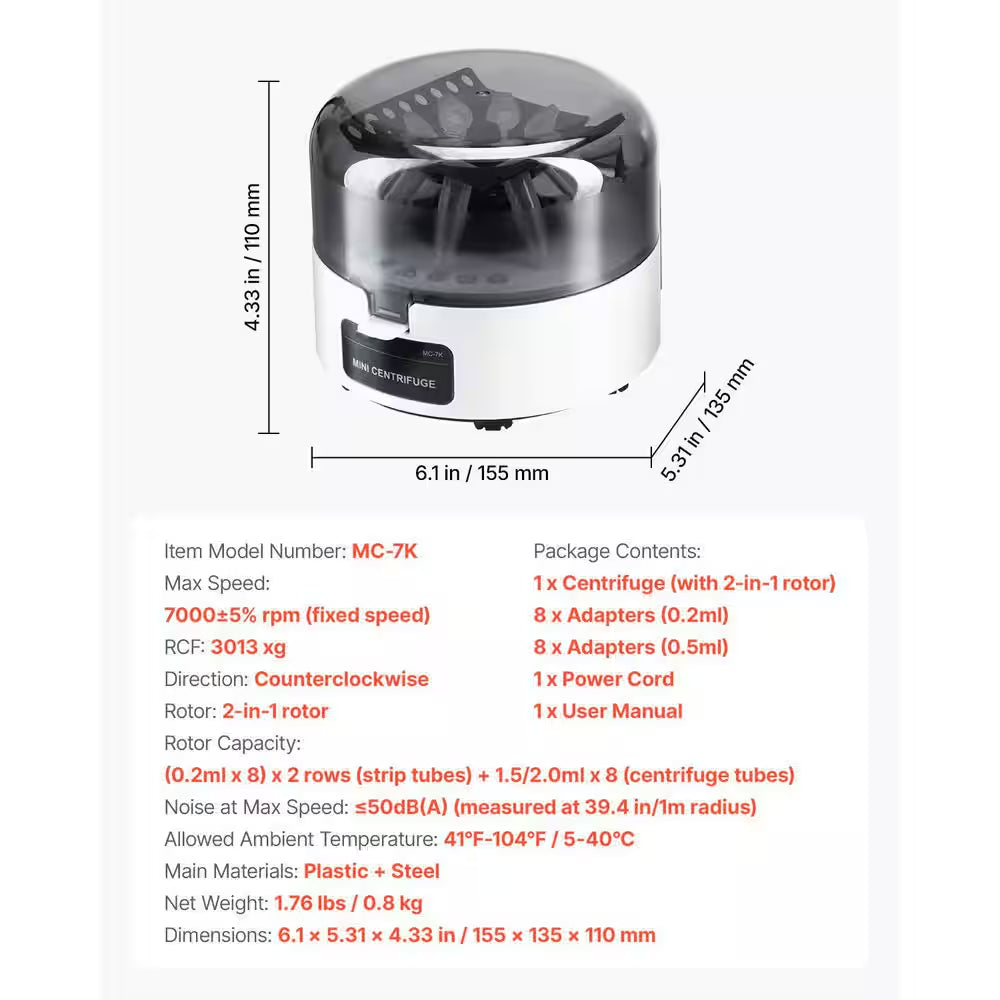 Experience Precision with the Mini Centrifuge Machine: 7000RPM, 3013xg Lab Centrifuge with Dual Rotor for 0.2ml and 1.5/2ml Tubes – Low Noise and Versatile!