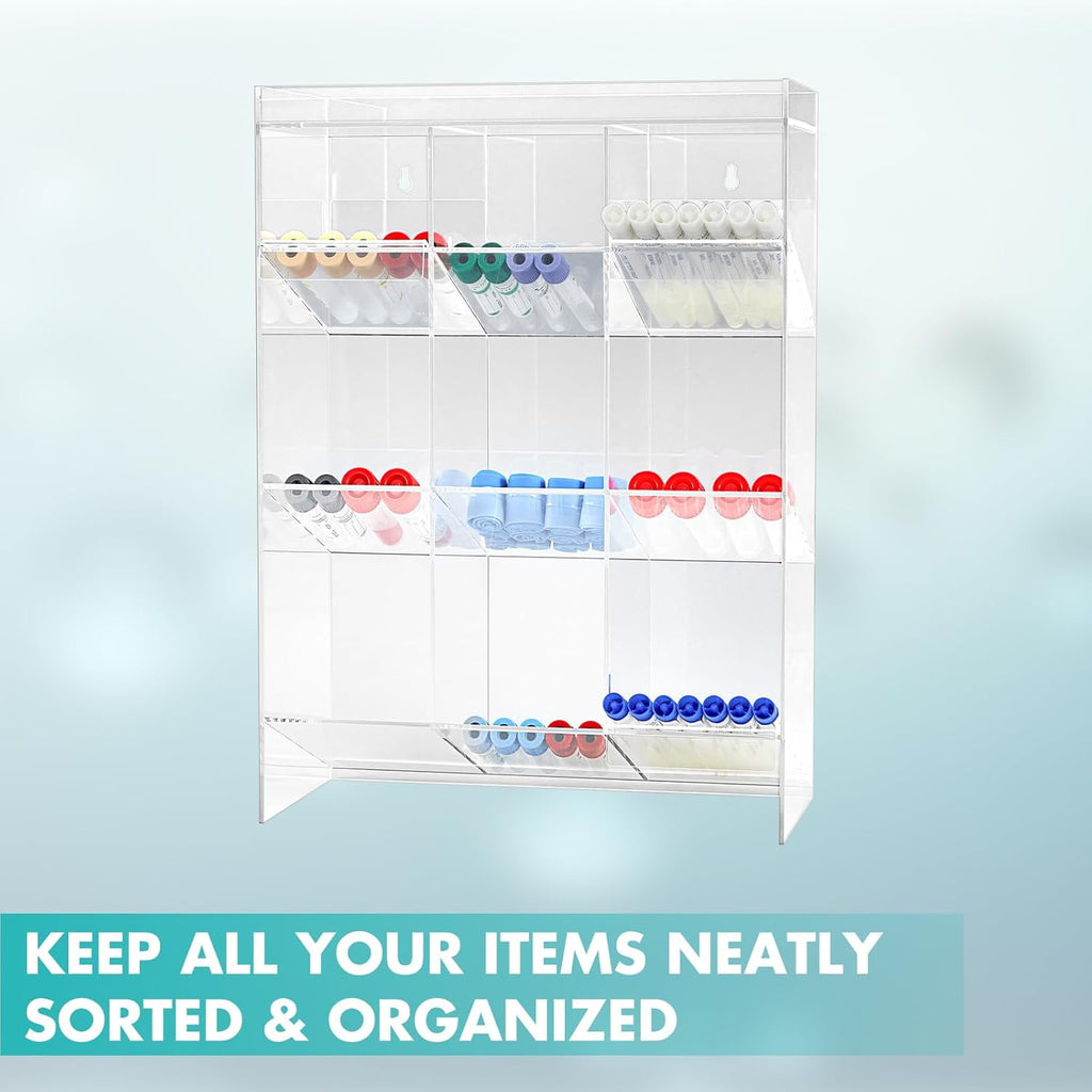 Acrylic Tube Rack with 9 Compartments & 3 Pull-Out Trays – Wall-Mount or Countertop for Laboratory, Office, Cosmetics (16 X 11.5 X 5.5 Inches)