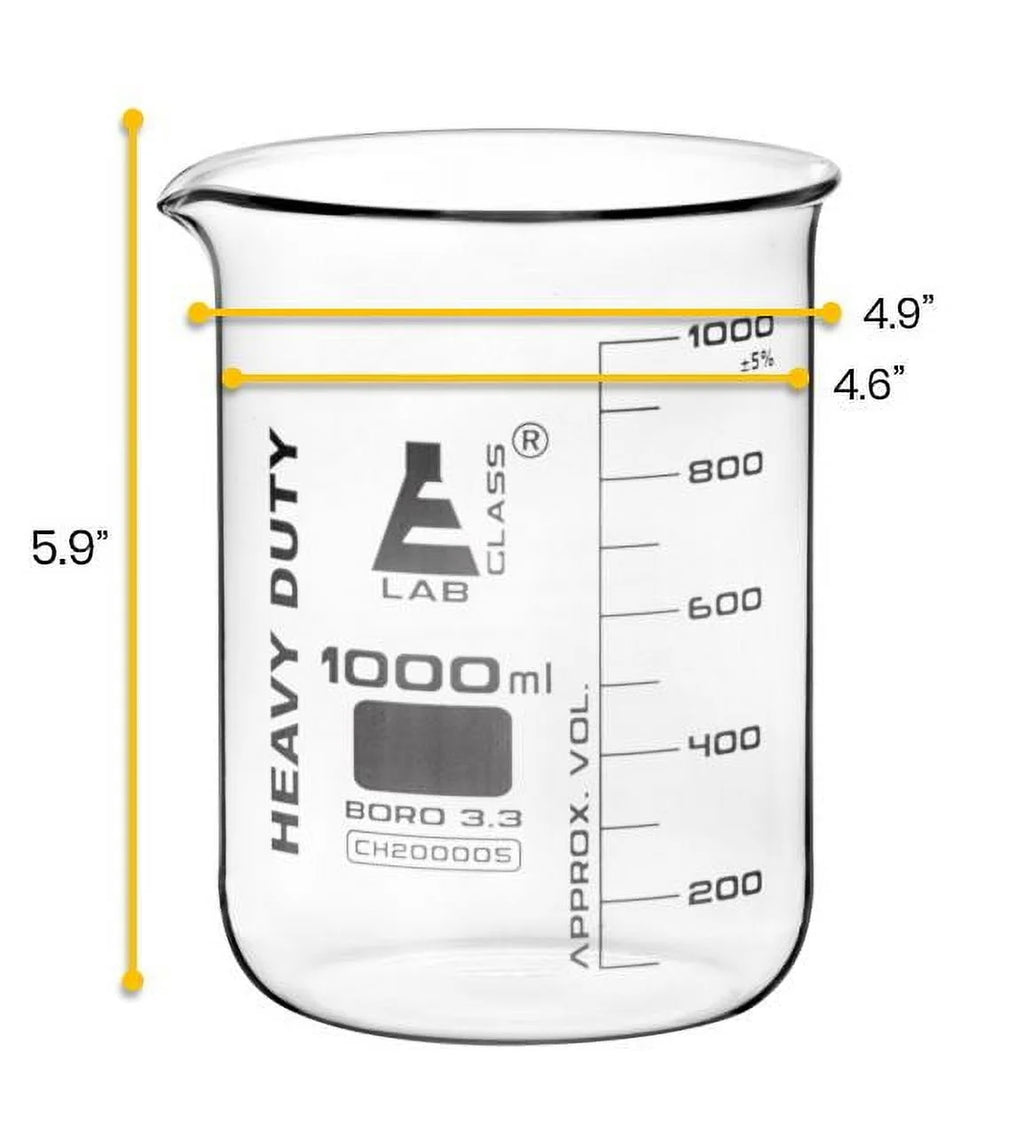 Heavy Duty Beaker, 1000Ml - 5Mm Thick, Uniform Walls - Superior Durability & Chemical Resistance - White Graduations - Borosilicate 3.3 Glass -
