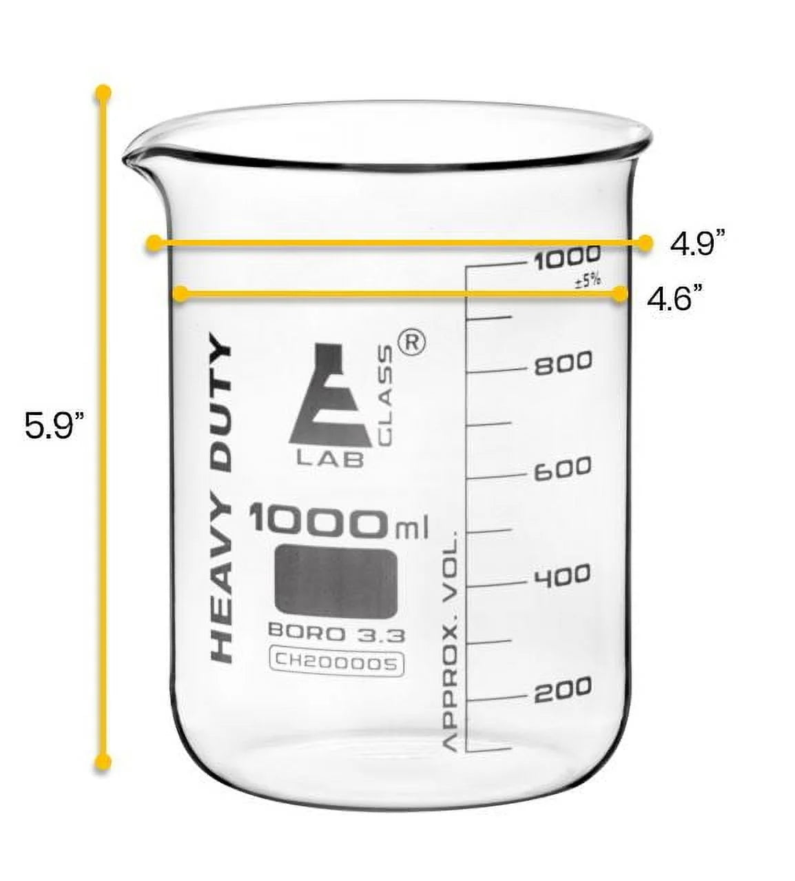 Heavy Duty Beaker, 1000Ml - 5Mm Thick, Uniform Walls - Superior Durability & Chemical Resistance - White Graduations - Borosilicate 3.3 Glass -