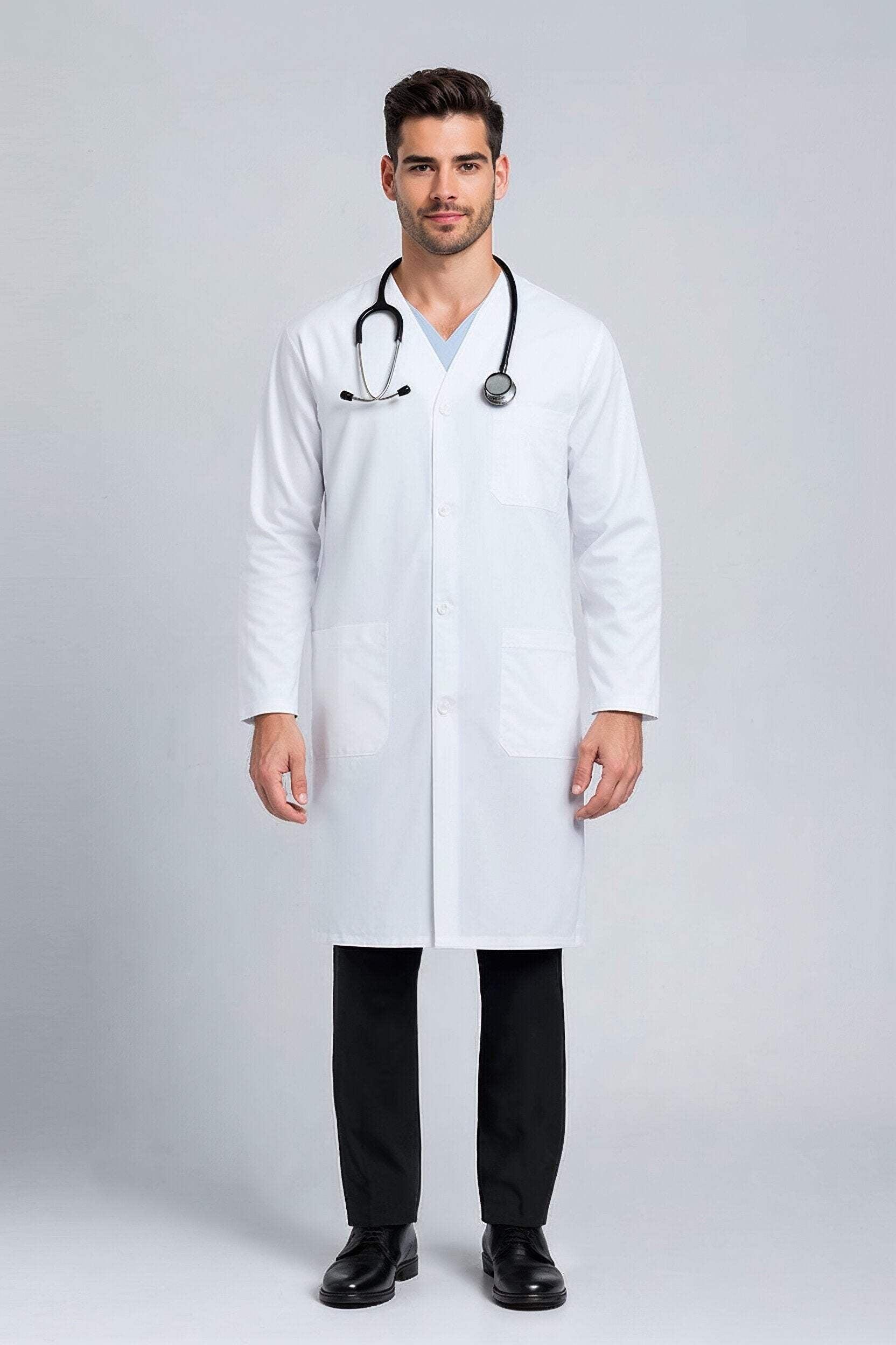 DR Unifroms® Unisex Collarless Lab Coat, White Medical Coat (60% Cotton, 40% Polyester)