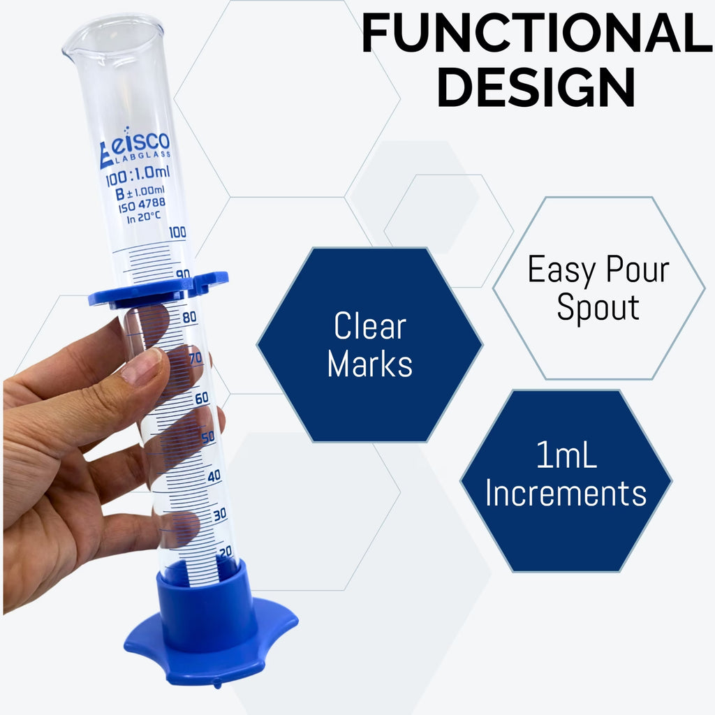- 100Ml Borosilicate Glass Graduated Cylinder with Spout, Detachable Hexagonal Base & Protection Collar – Class B, 1Ml Increments, Heat Resistant for Science Labs & Classrooms, 6 Pack