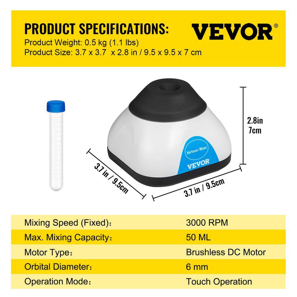 Vortex Mixer, 3000 RPM Mini Vortex Mixer Shaker, Touch Function Scientific Lab Vortex Shaker, up to 50 ML