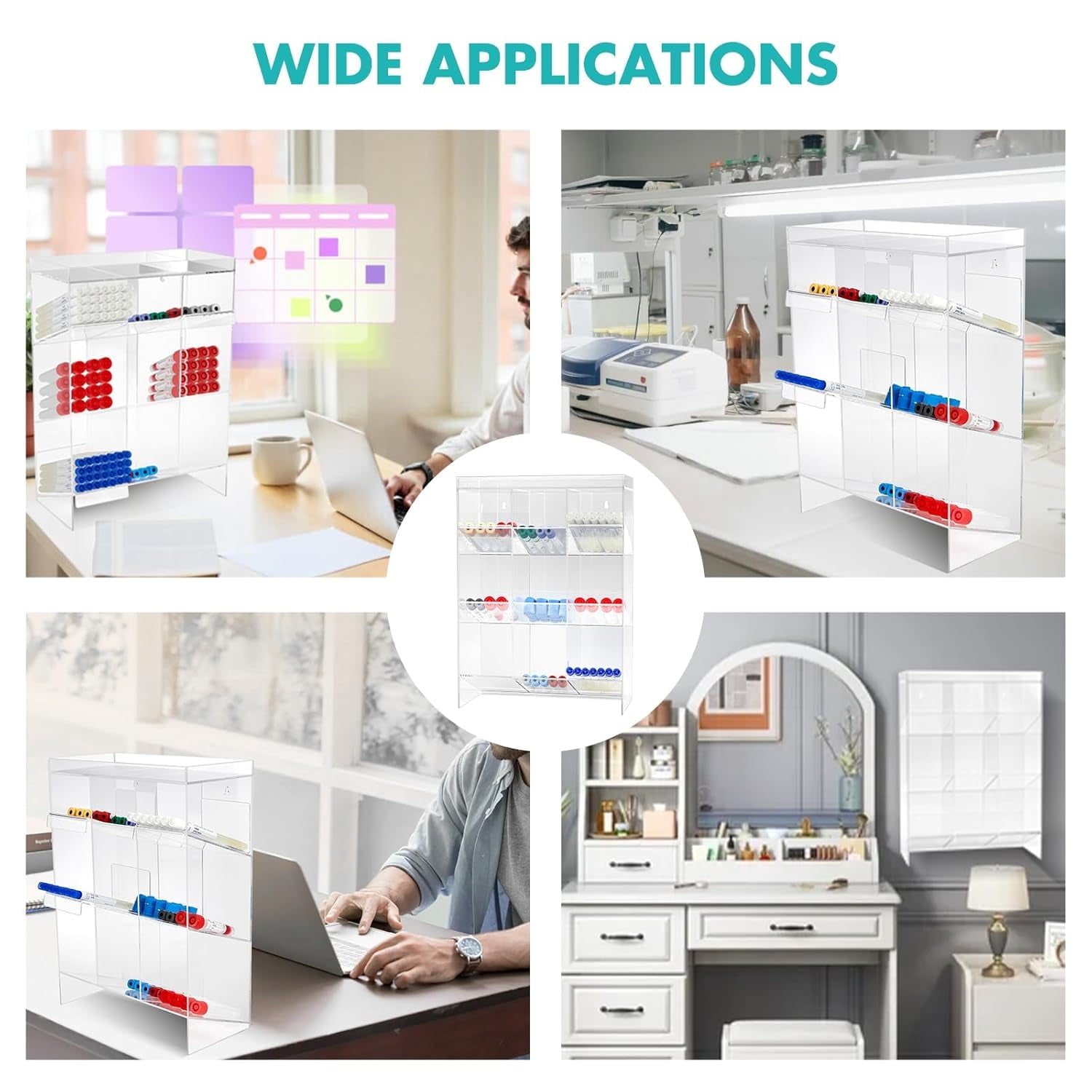 Acrylic Tube Rack with 9 Compartments & 3 Pull-Out Trays – Wall-Mount or Countertop for Laboratory, Office, Cosmetics (16 X 11.5 X 5.5 Inches)