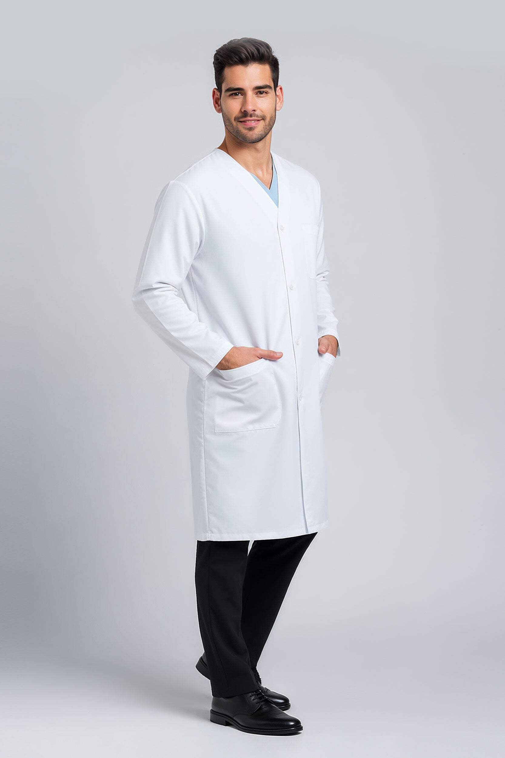 DR Unifroms® Unisex Collarless Lab Coat, White Medical Coat (60% Cotton, 40% Polyester)