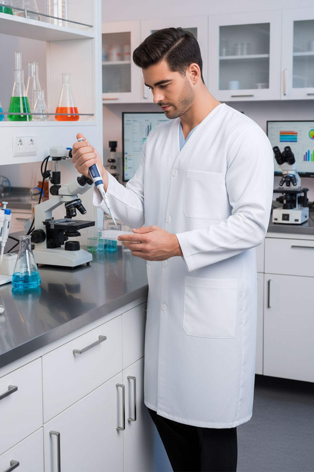 DR Unifroms® Unisex Collarless Lab Coat, White Medical Coat (60% Cotton, 40% Polyester)