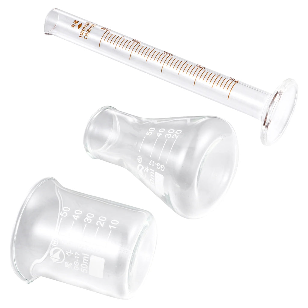 Essential Set of 3 Glass Measuring Tools: Beakers, Conical Flasks, and Graduated Cylinder for Every Science Enthusiast