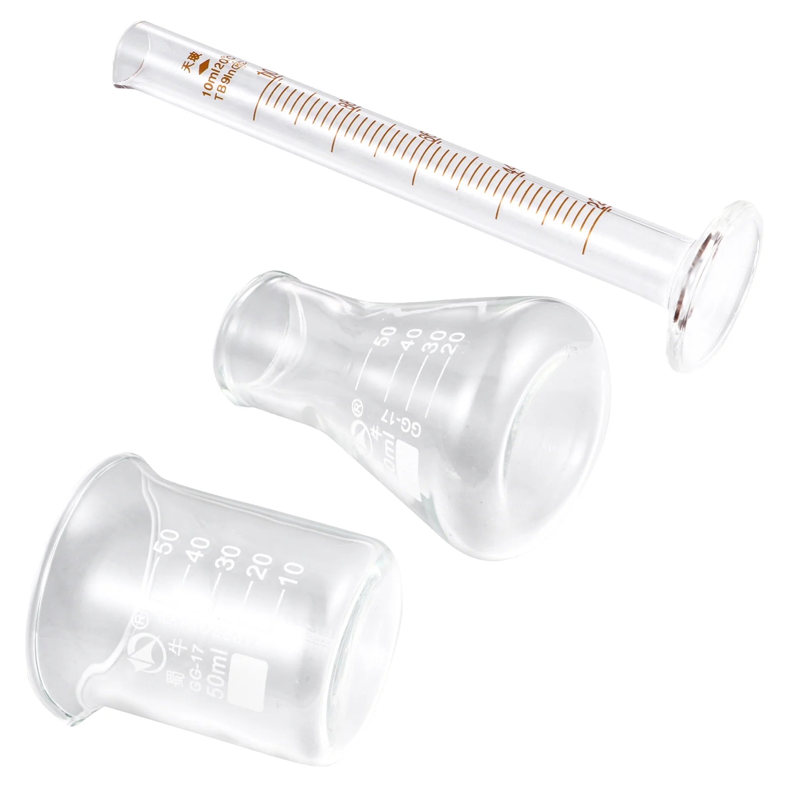 Essential Set of 3 Glass Measuring Tools: Beakers, Conical Flasks, and Graduated Cylinder for Every Science Enthusiast