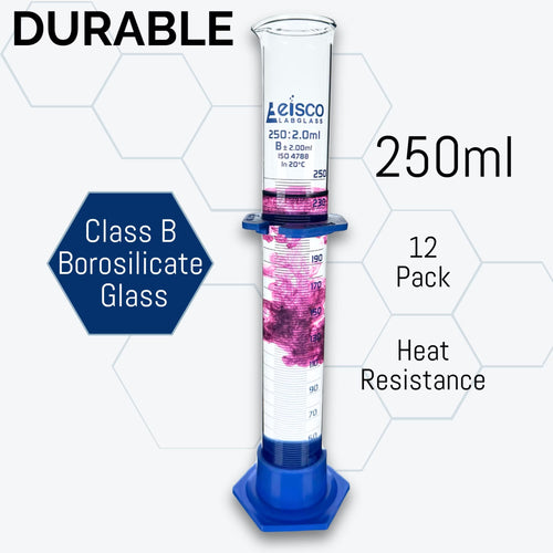 - 250Ml Borosilicate Glass Graduated Cylinder with Spout, Detachable Hexagonal Base & Protection Collar - Class B, Heat Resistant for Science Labs & Classrooms, 12 Pack