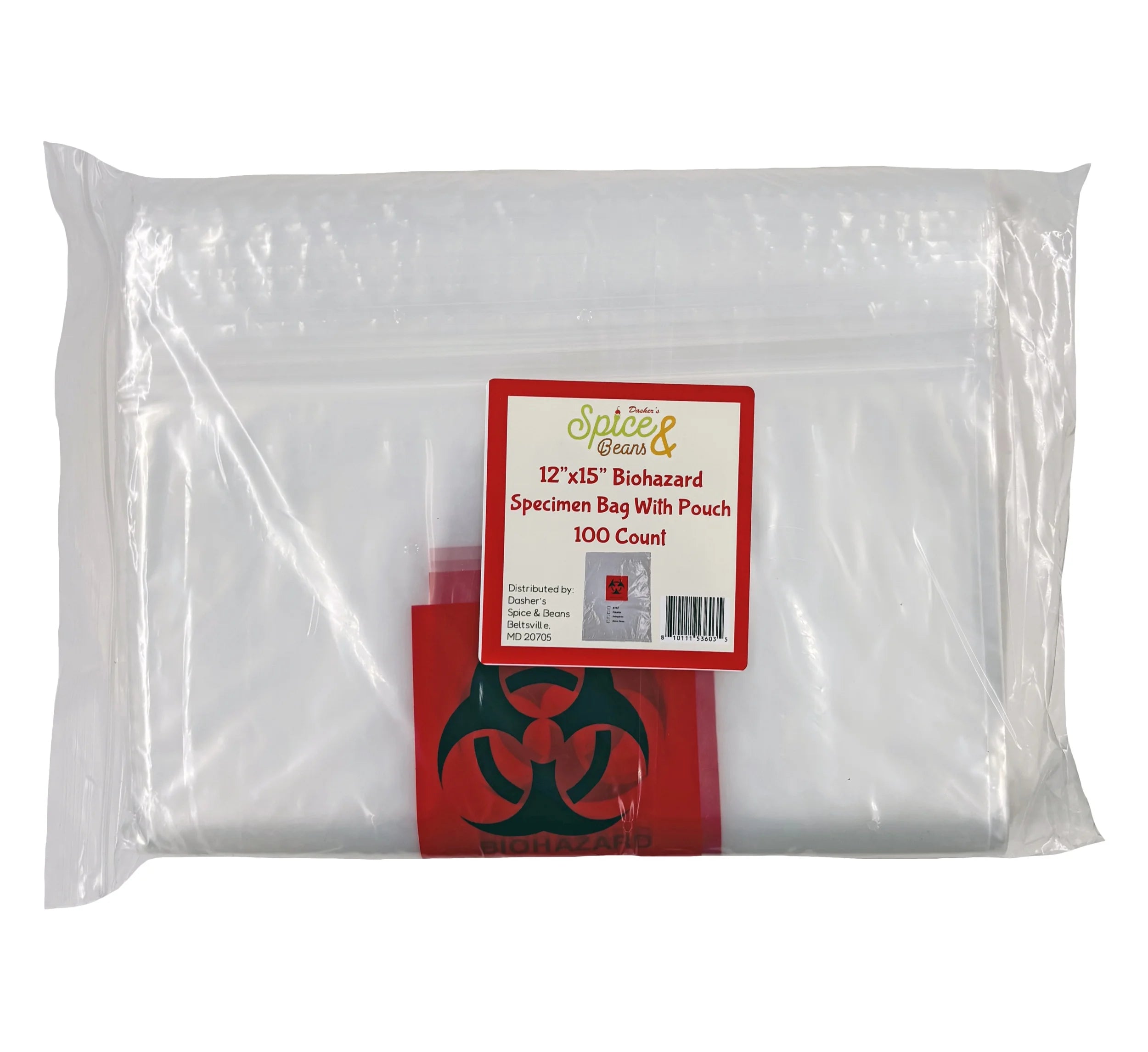 Biohazard Specimen Bag | 12"X15" Zip Top | with Pouch for Paperwork | 100 Ct