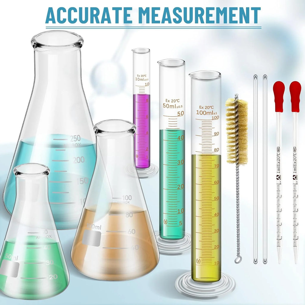 11Pcs Lab Glassware Set, Includes 3Pcs Erlenmeyer Flask 50/100/250Ml, 3Pcs Graduated Cylinder 10/50/100Ml, 2Pcs Glass Dropper, 2Pcs Glass Stirring Rod with Cleaning Brush