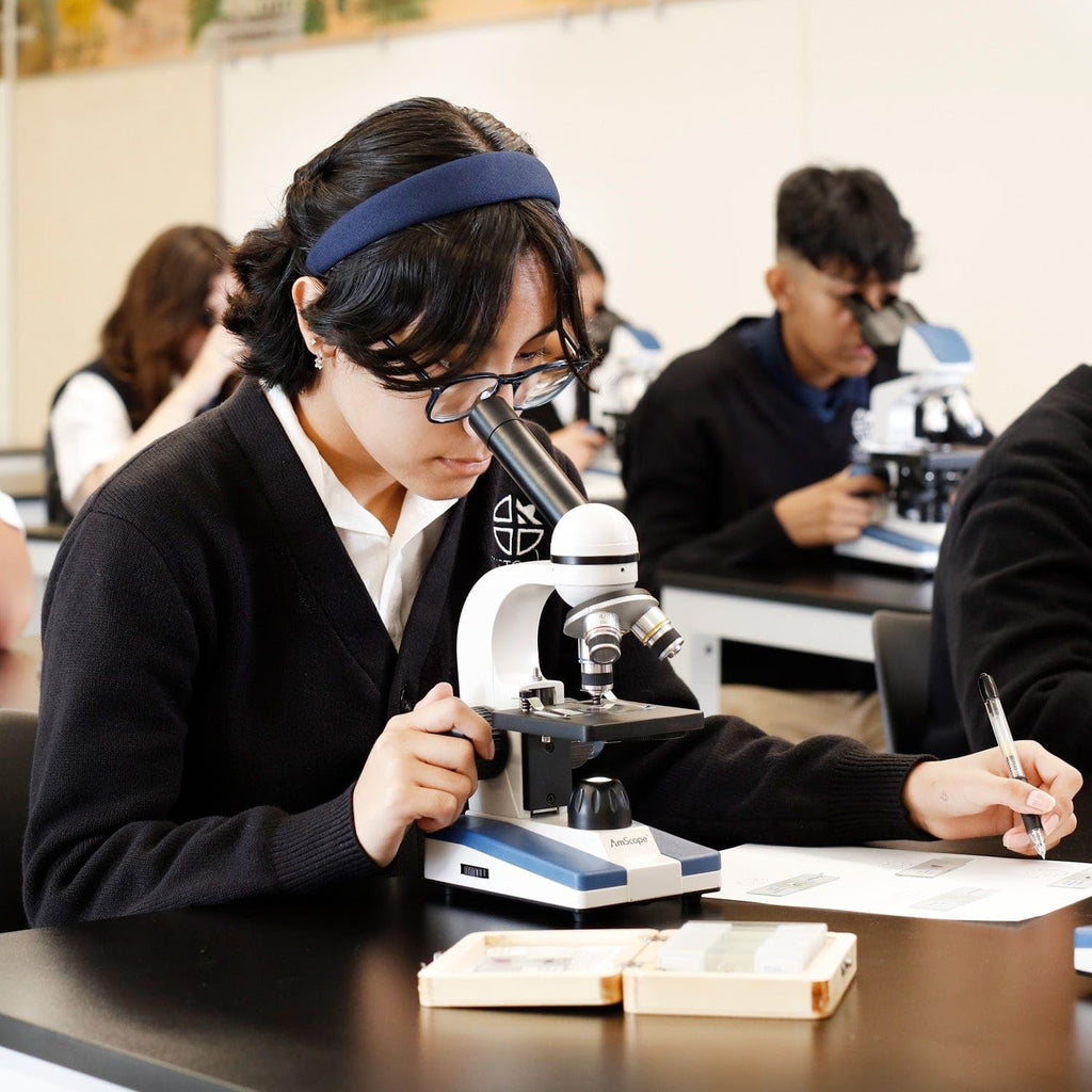 M150C / M150C-I 40X-1000X All-Metal Optical Glass Lenses Cordless LED Student Biological Compound Microscope
