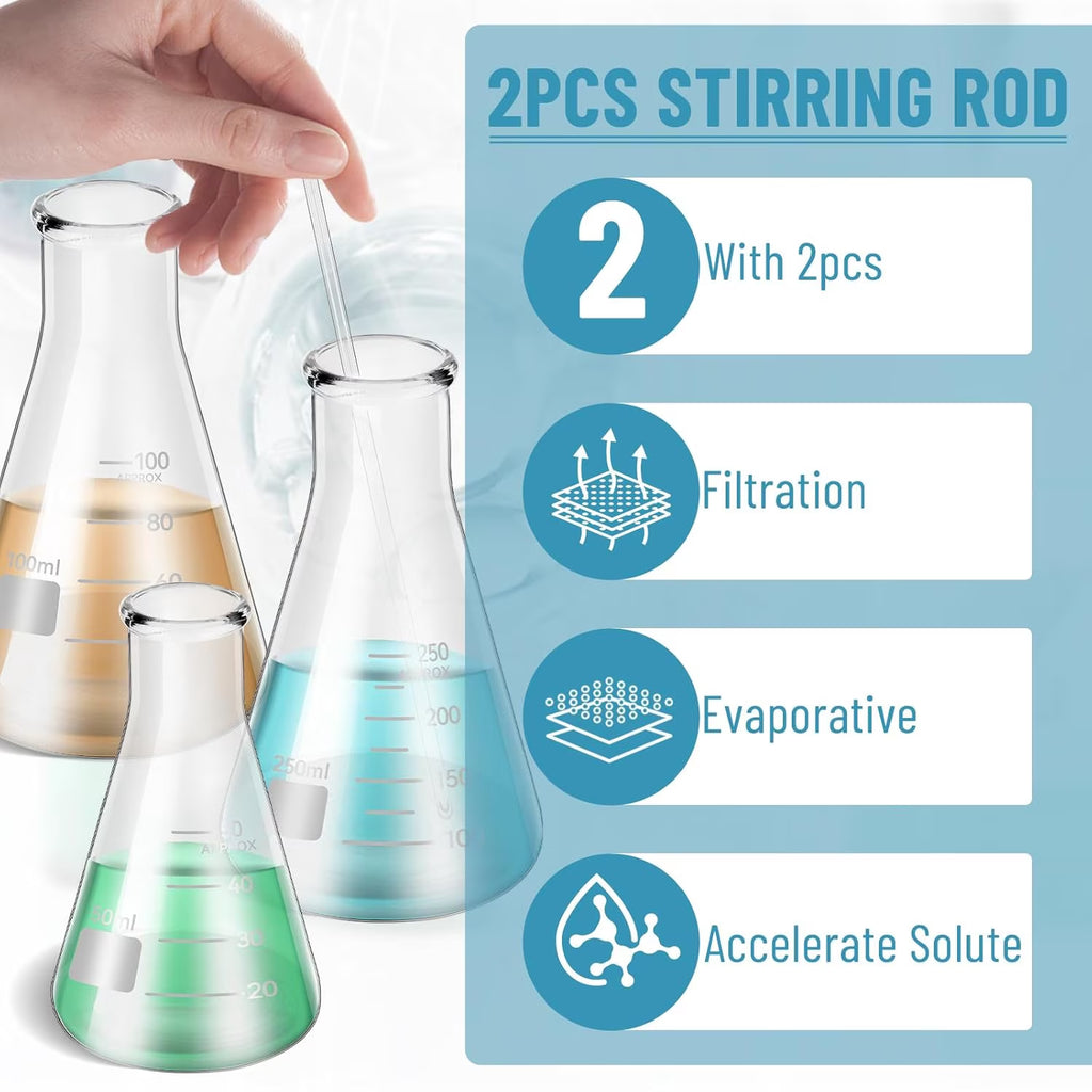 11Pcs Lab Glassware Set, Includes 3Pcs Erlenmeyer Flask 50/100/250Ml, 3Pcs Graduated Cylinder 10/50/100Ml, 2Pcs Glass Dropper, 2Pcs Glass Stirring Rod with Cleaning Brush