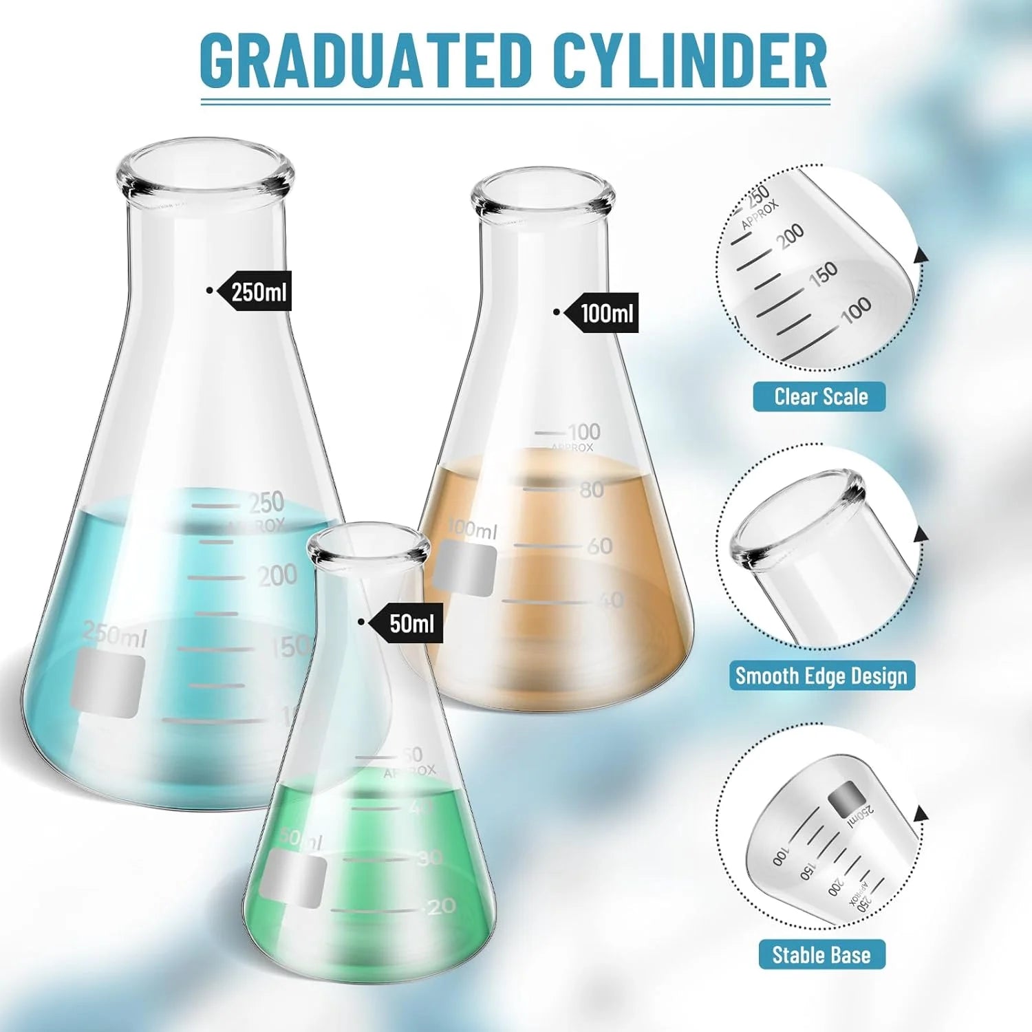 11Pcs Lab Glassware Set, Includes 3Pcs Erlenmeyer Flask 50/100/250Ml, 3Pcs Graduated Cylinder 10/50/100Ml, 2Pcs Glass Dropper, 2Pcs Glass Stirring Rod with Cleaning Brush