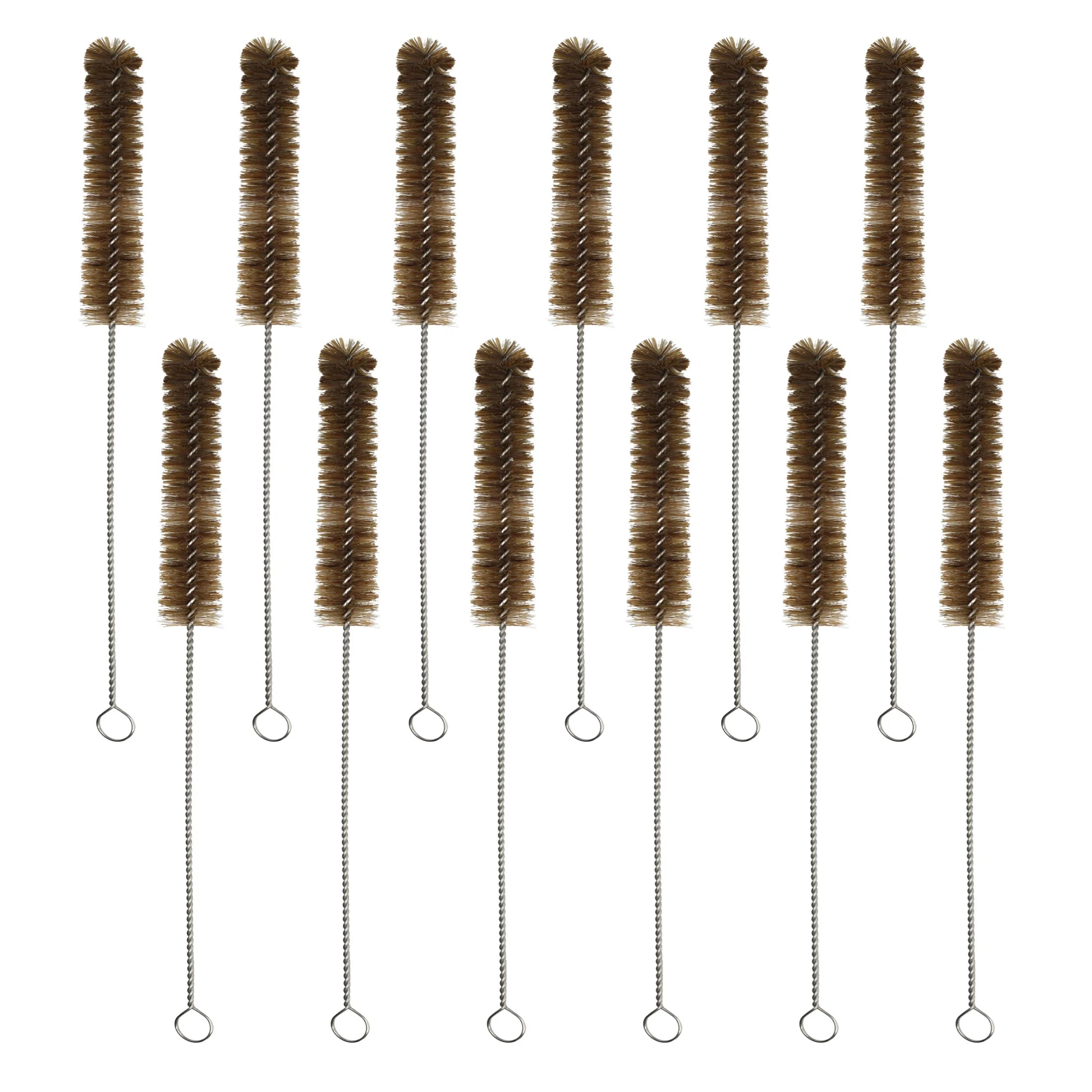 12PK Bristle Cleaning Brushes with Fan-Shaped Ends, 9.25" - Twisted Stainless Steel Wire Handle - Ideal for 0.3" - 0.5" Tubes, Bottles, Cylinders, Flasks, Straws -
